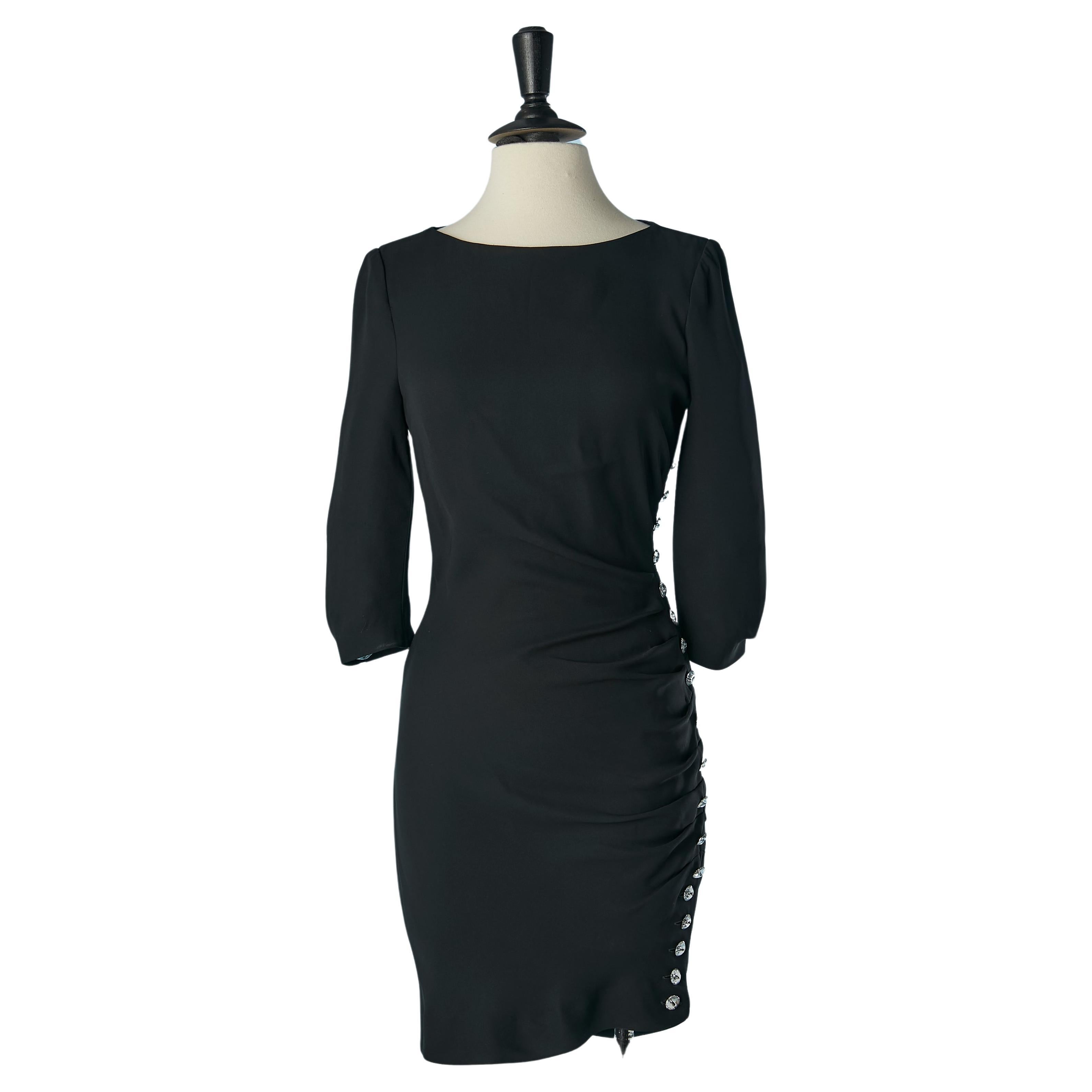 Black silk cocktail dress with glass buttons on the side Azzaro  For Sale