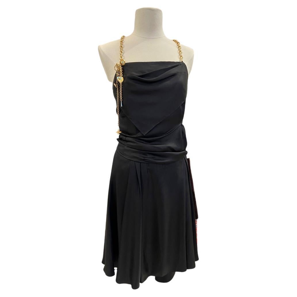 Black silk cocktail dress with gold metal chain and pendants Louis Vuitton  For Sale