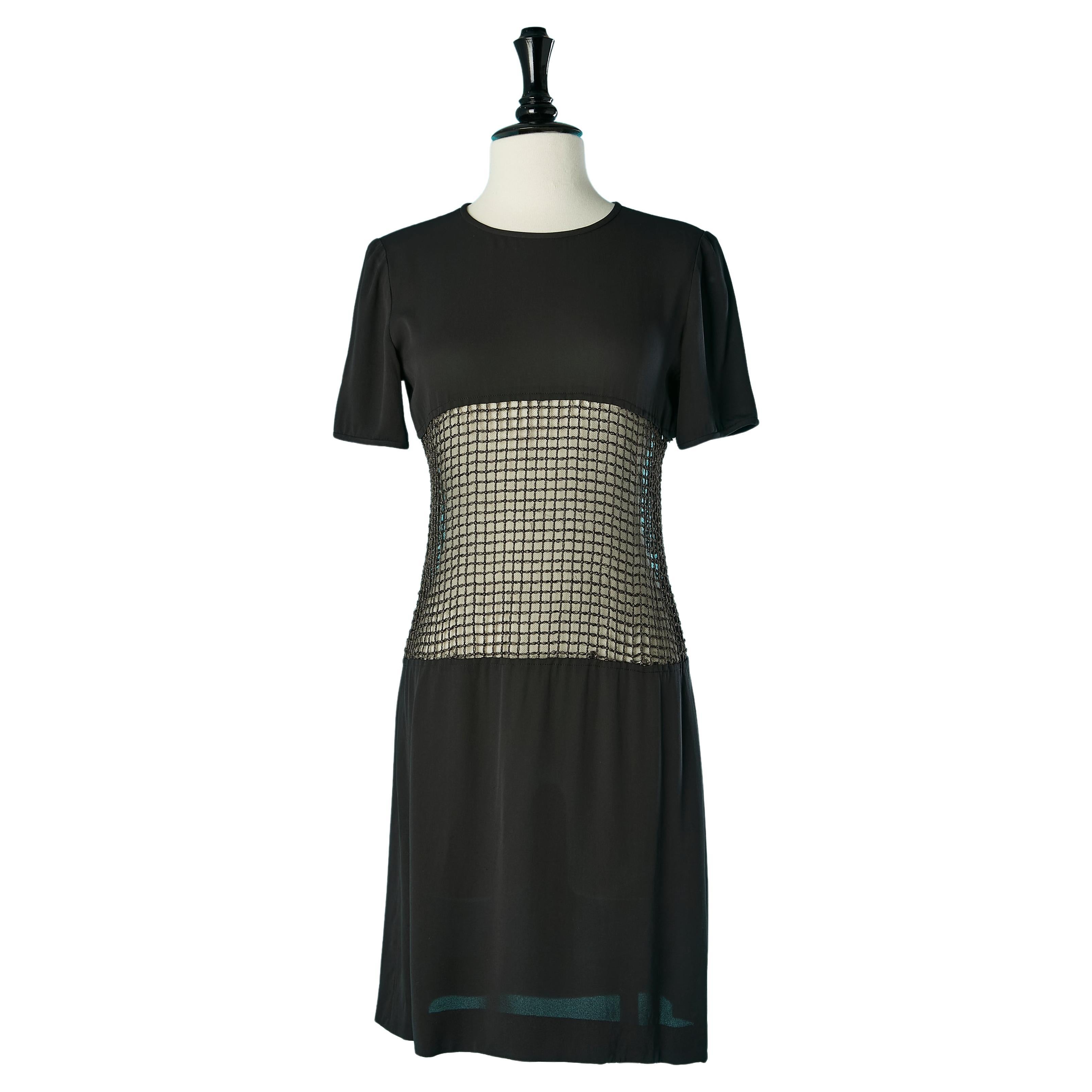 Black silk cocktail dress with see-through tulle Yves Saint Laurent Rive Gauche  For Sale