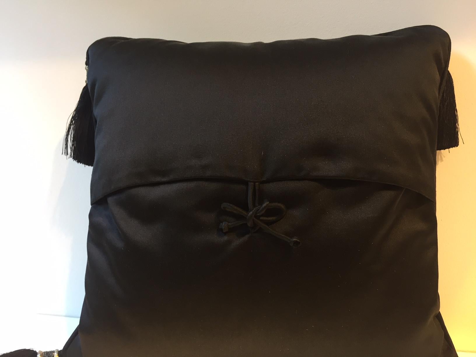 Black Silk Cushion Hand Quilted with Silver Beaded Tassels In New Condition For Sale In Hamburg, DE