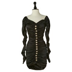 Black silk draped cocktail dress with button embellishment Angelo Tarlazzi