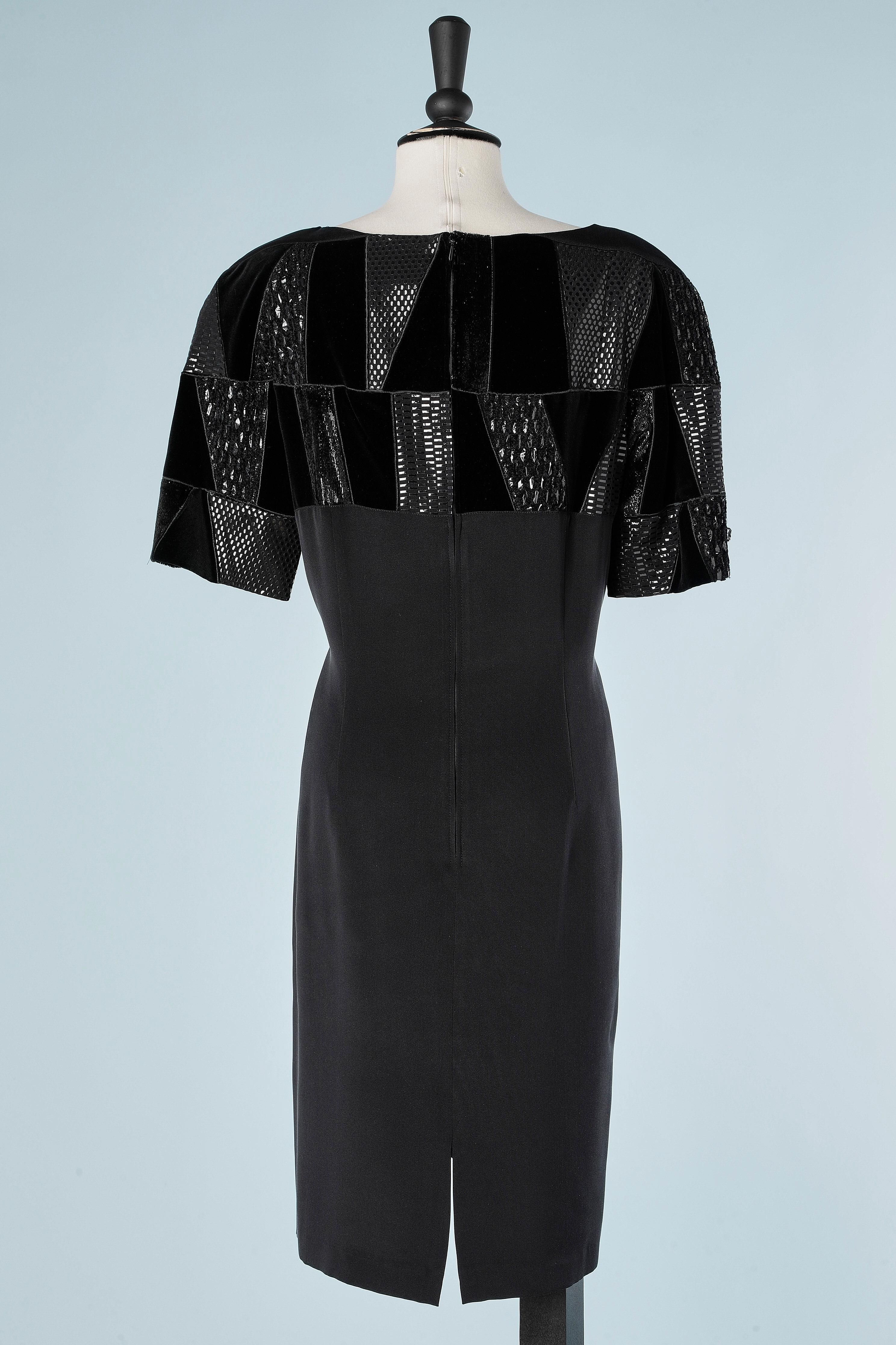 Black silk dress with black fabric patchwork appliqué on the top Louis Féraud  For Sale 2