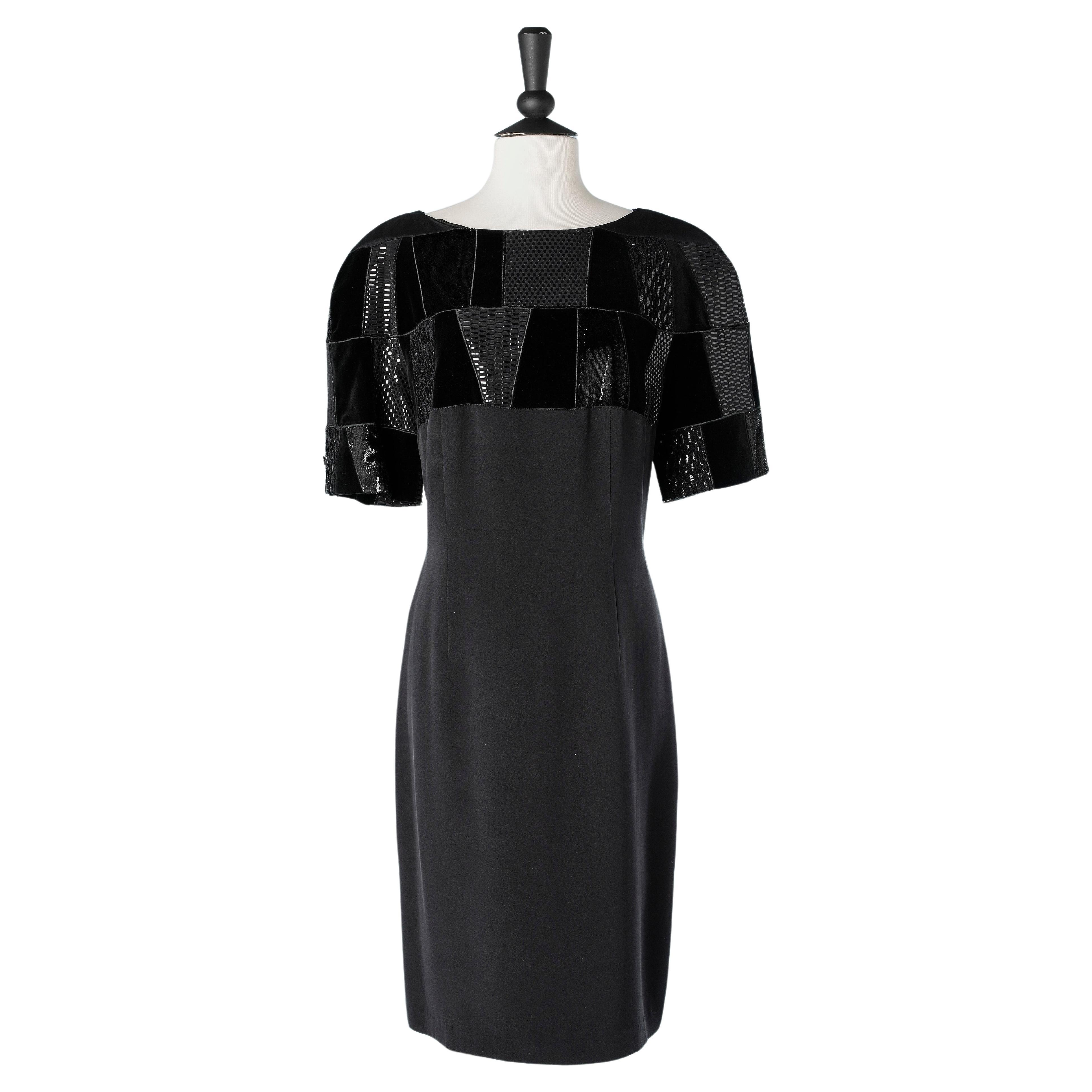 Black silk dress with black fabric patchwork appliqué on the top Louis Féraud  For Sale