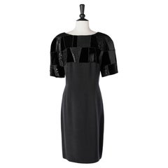 Retro Black silk dress with black fabric patchwork appliqué on the top Louis Féraud 