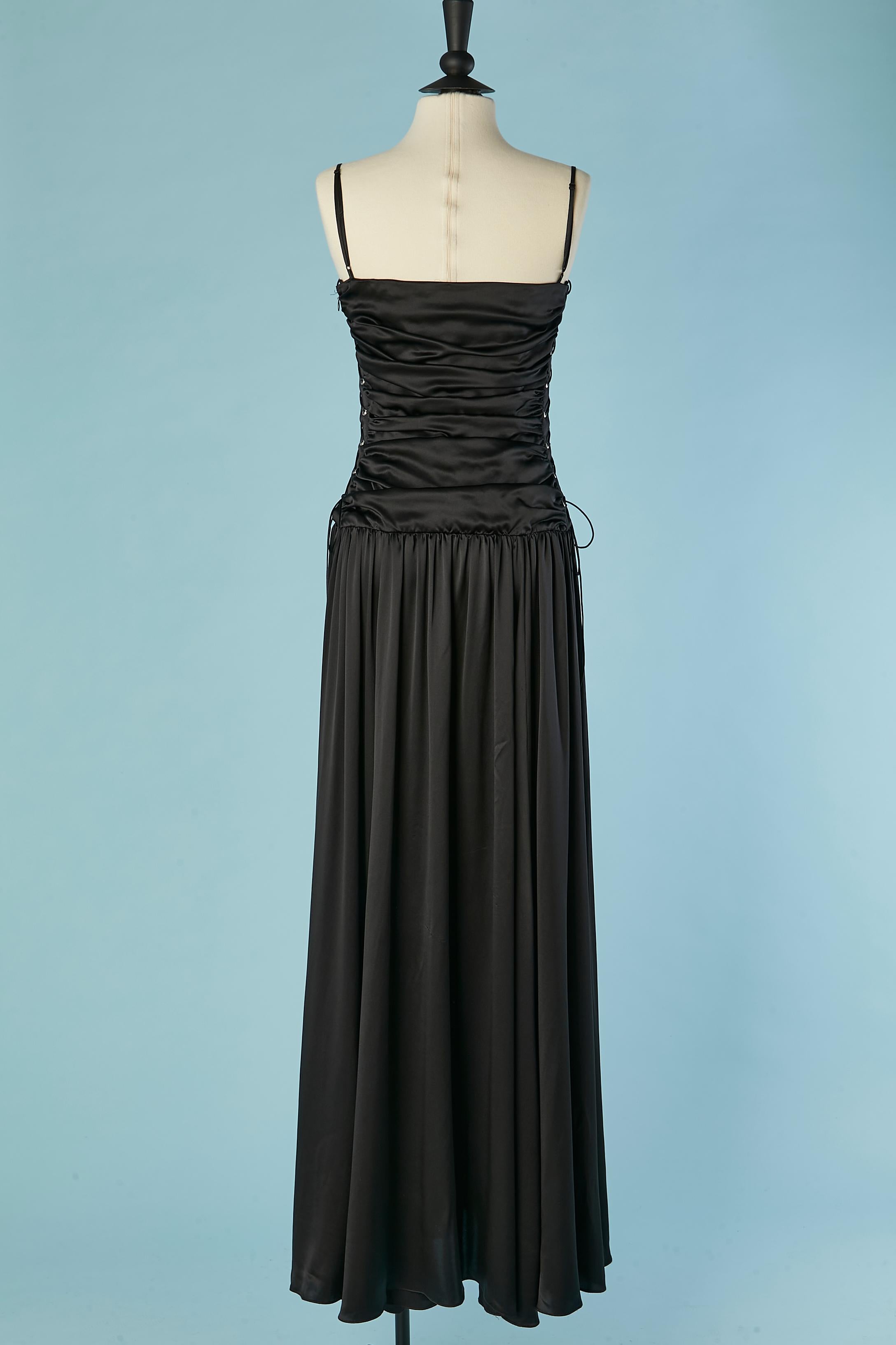 Black silk evening draped dress with laces and eyelet on the side ROCHAS For Sale 2