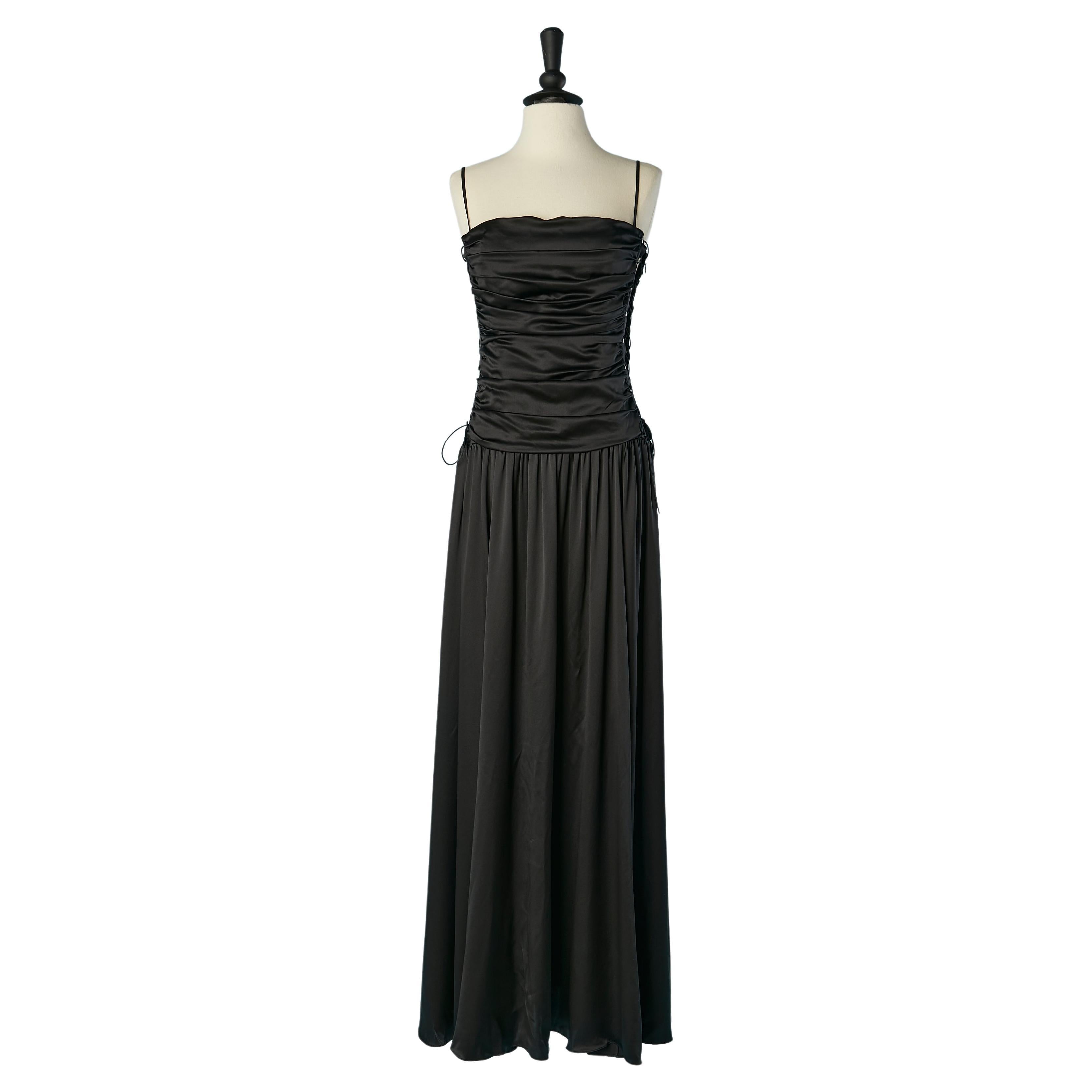 Black silk evening draped dress with laces and eyelet on the side ROCHAS For Sale