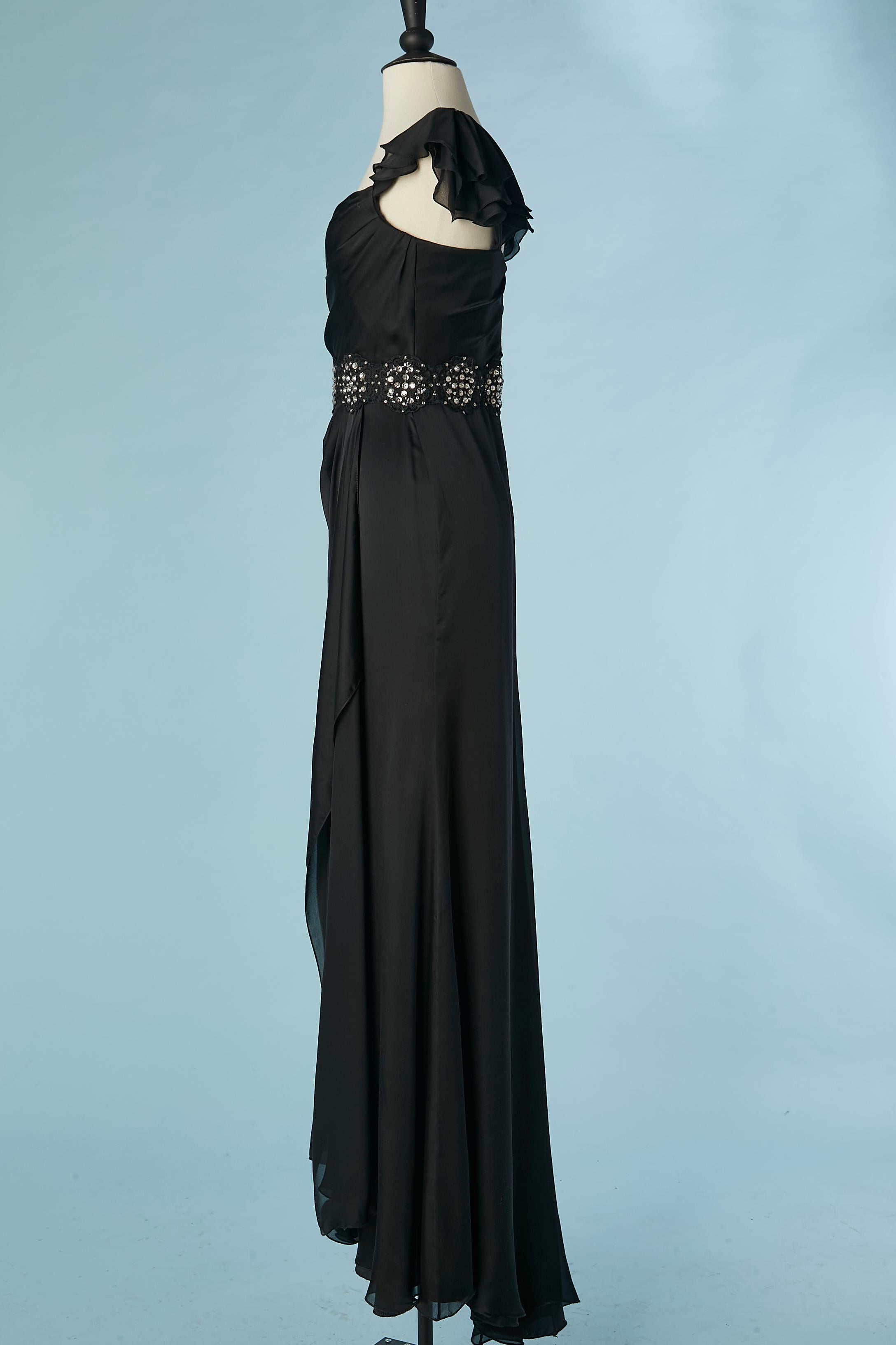 Women's Black silk evening dress with lace and rhinestone waist band Lorena Sarbu  For Sale