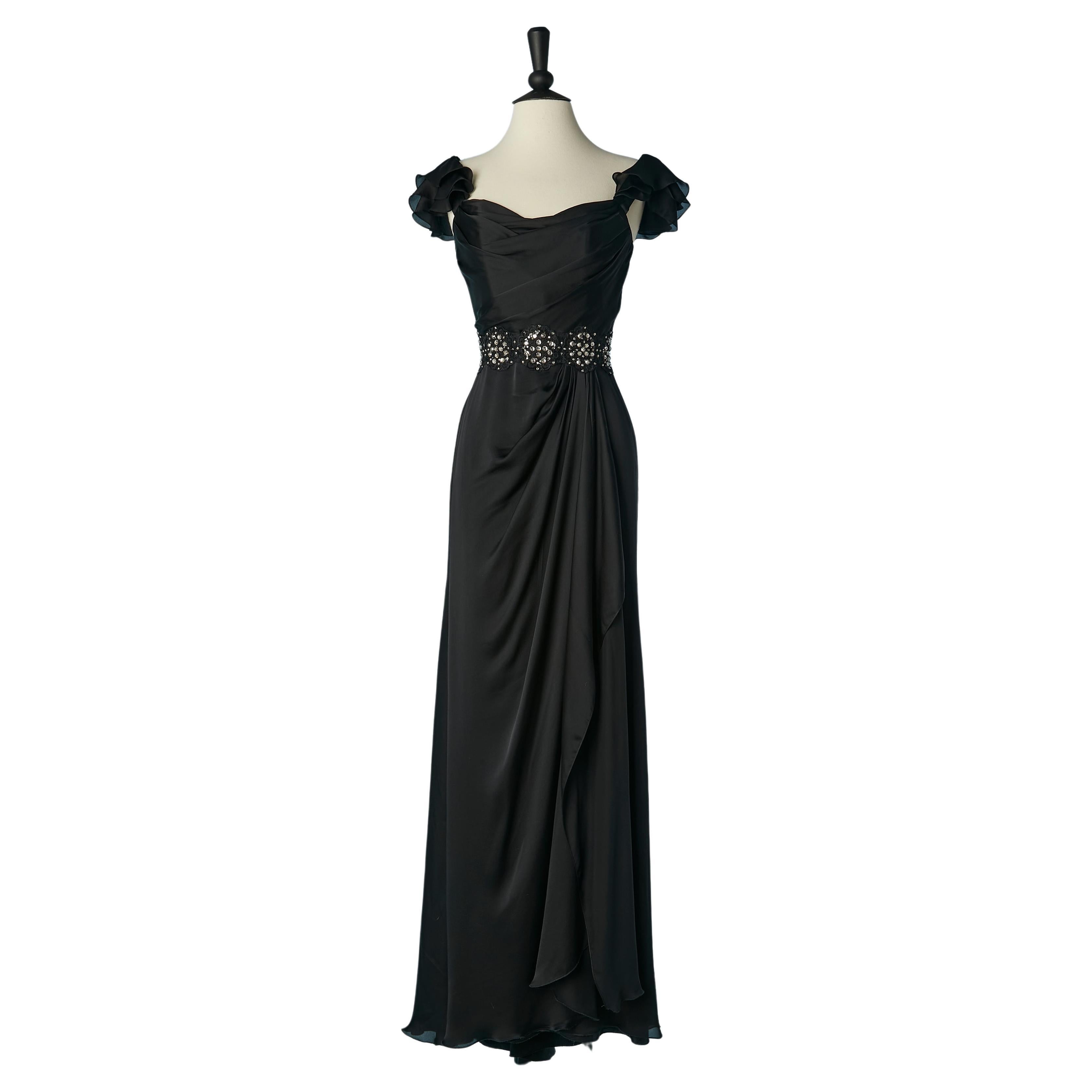 Black silk evening dress with lace and rhinestone waist band Lorena Sarbu  For Sale