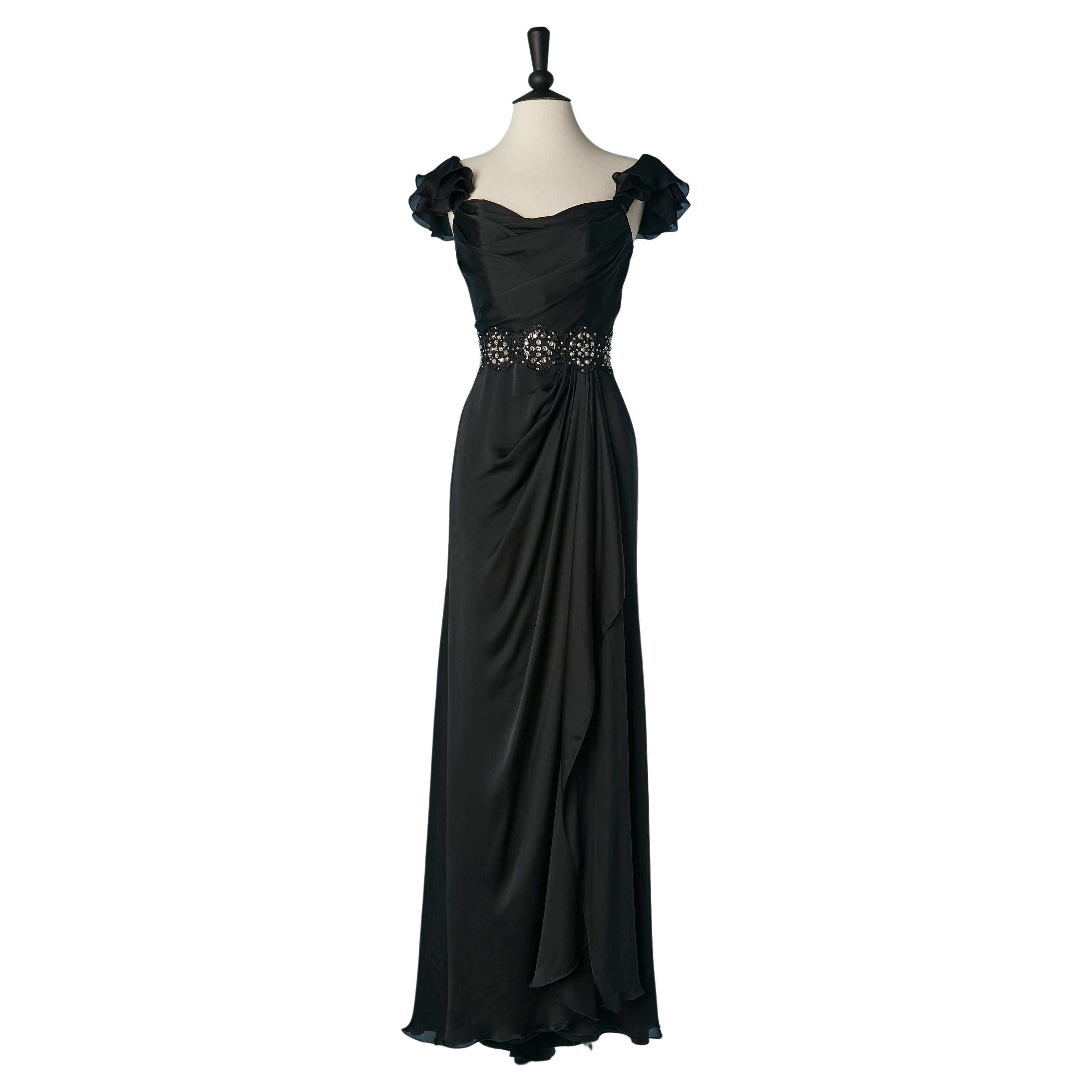 Robe de soirée en soie noire avec ceinture en dentelle et strass Lorena Sarbu en vente