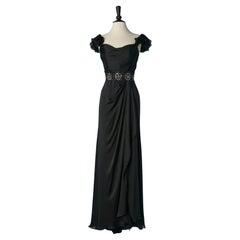 Schwarzes Abendkleid aus Seide mit Spitze und Strass an der Taille, Lorena Sarbu 