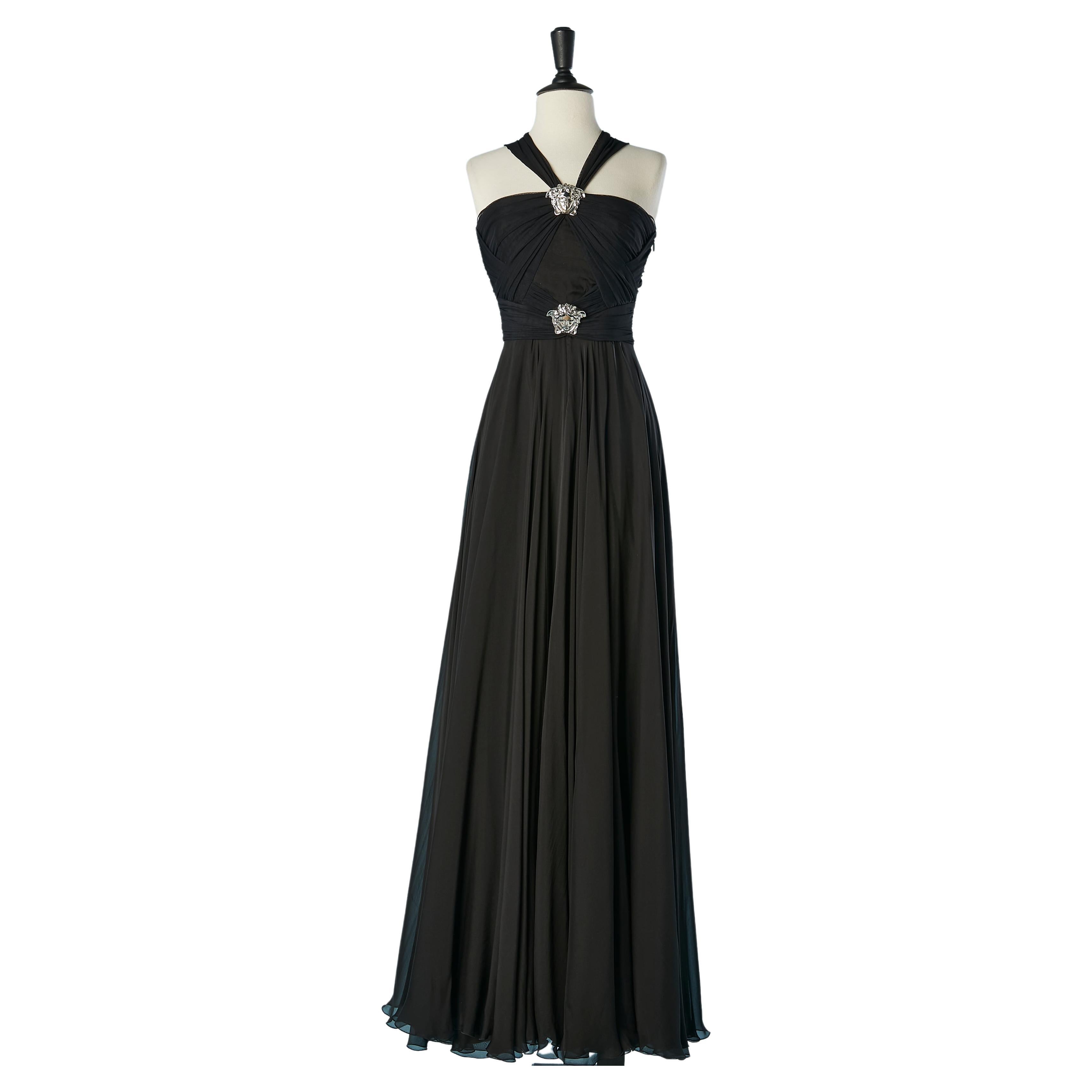 Black silk evening dress with silver metal Medusa Versace 3500€ For Sale