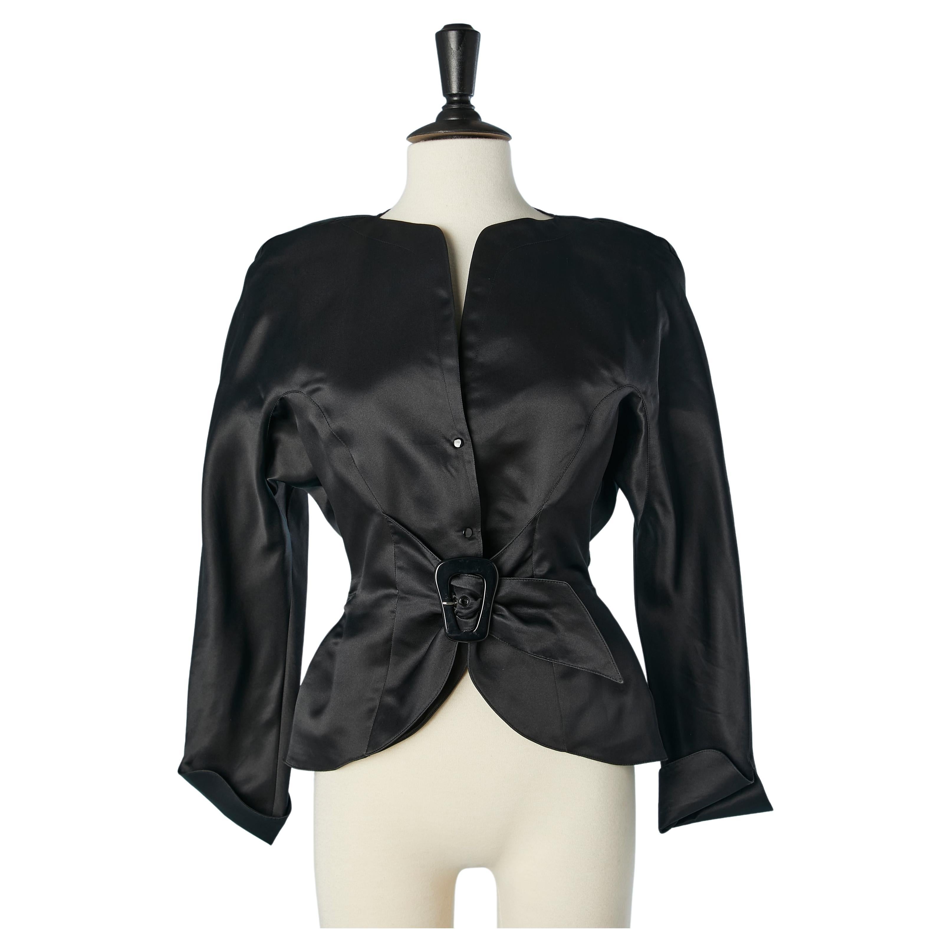 Black silk jacket with draped half-belt in the middle front Thierry Mugler  For Sale