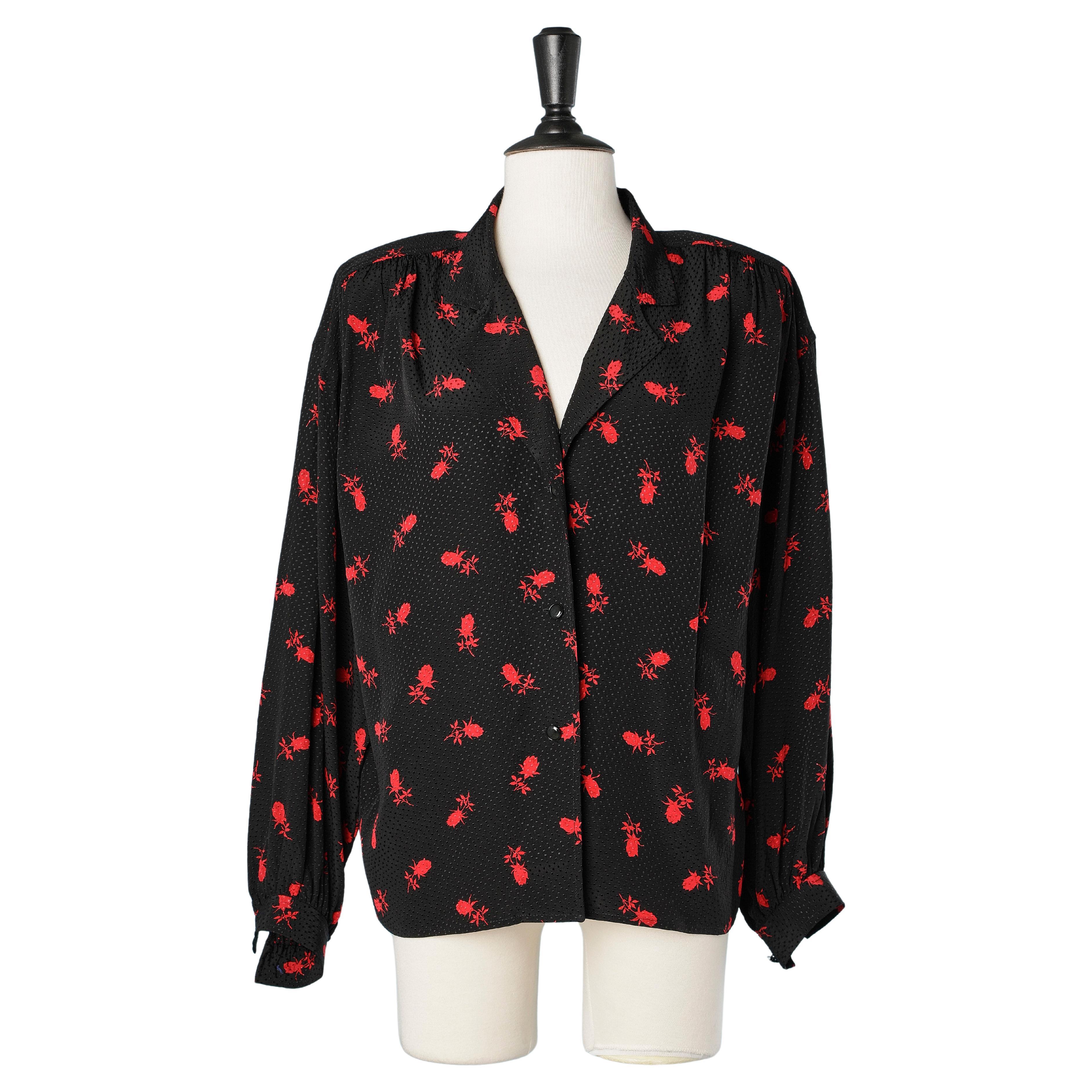 Black silk jacquard shirt with red roses print UNGARO TER  For Sale