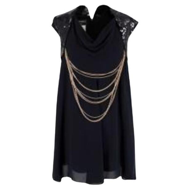 Black Silk Mini Dress with Sequin Cap Sleeves & Gold Chain Detail For Sale