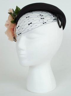 Black Silk Pillbox Cap with Peach Silk Rose and Forehead Veil – XS-S, 1950s