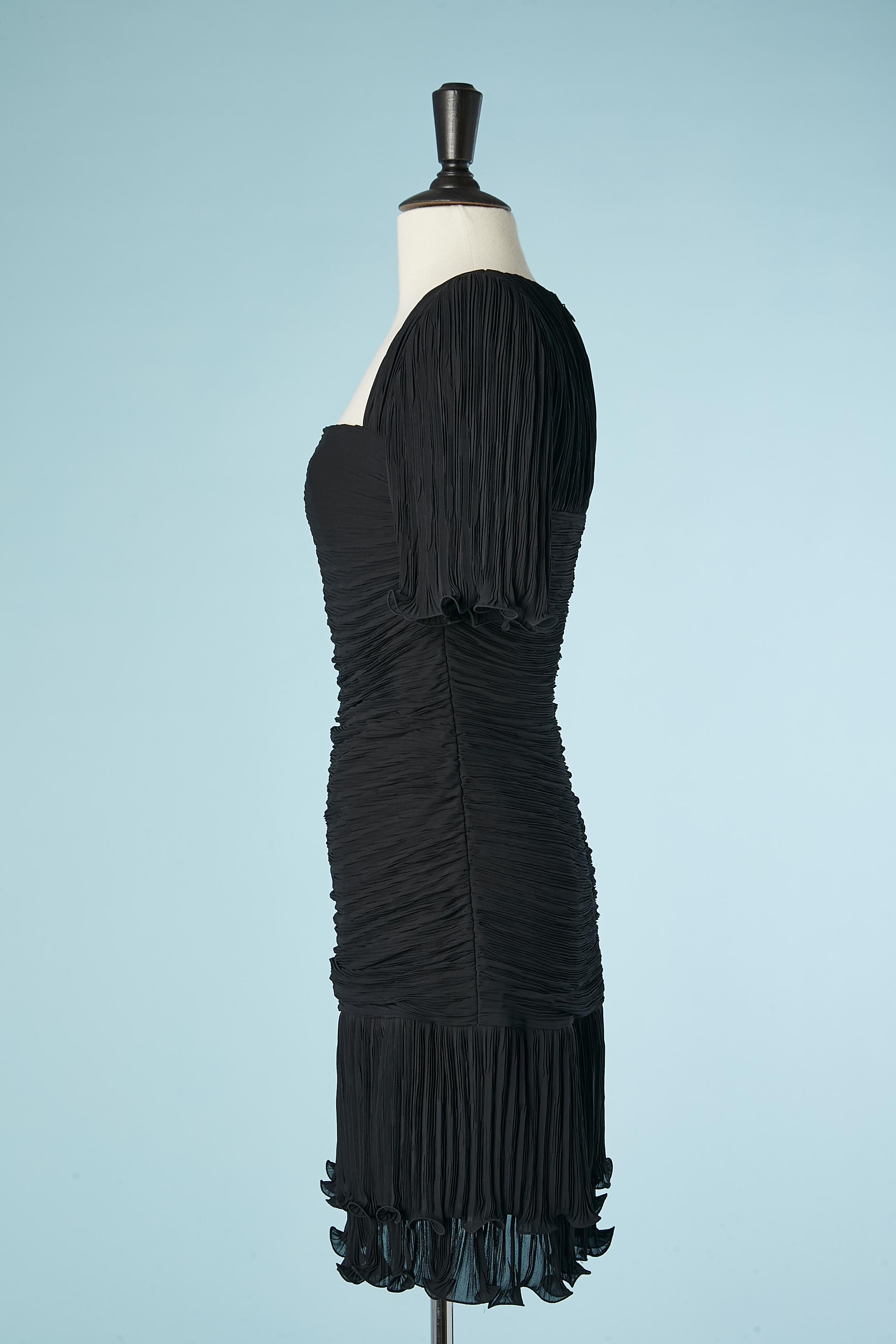 Black silk pleated cocktail dress with ruffles Ungaro Parallèle Circa 1980 For Sale 1