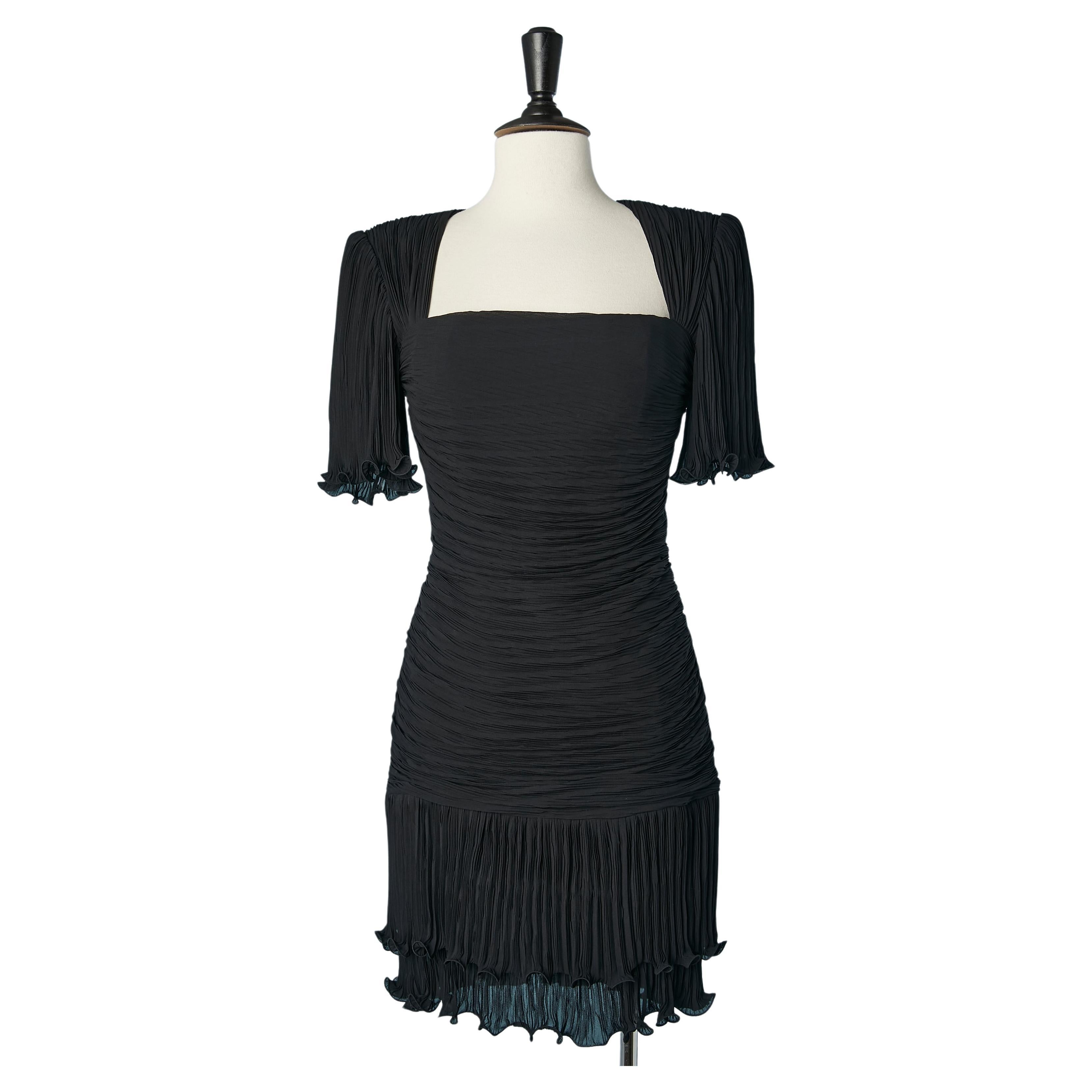 Black silk pleated cocktail dress with ruffles Ungaro Parallèle Circa 1980 For Sale