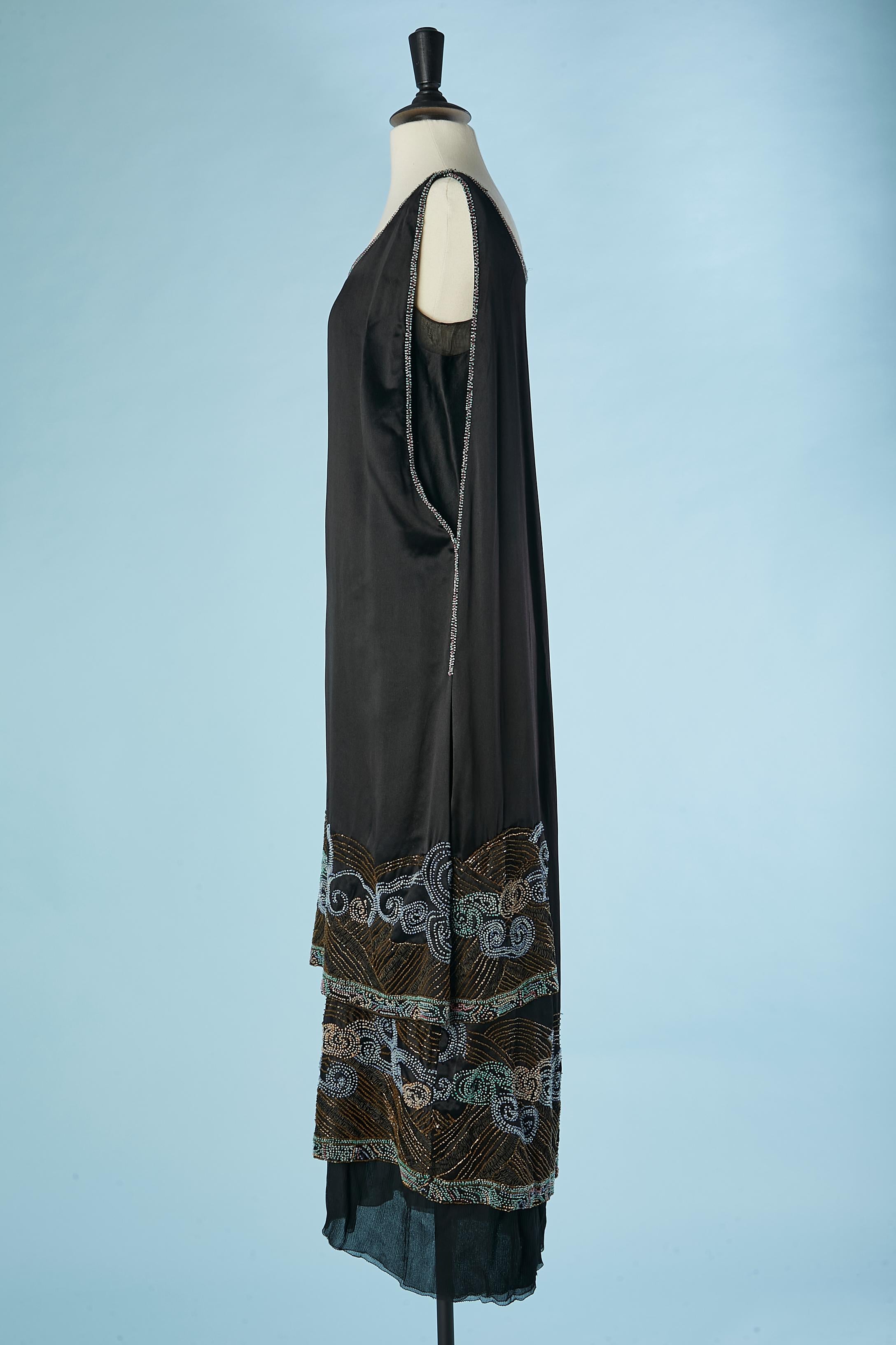Black silk satin and silk chiffon beaded evening dress Circa 1925's  2