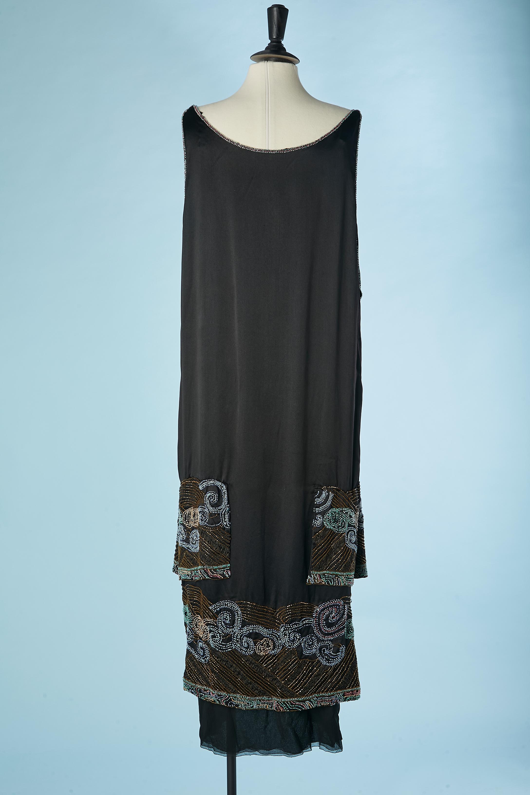 Black silk satin and silk chiffon beaded evening dress Circa 1925's  3