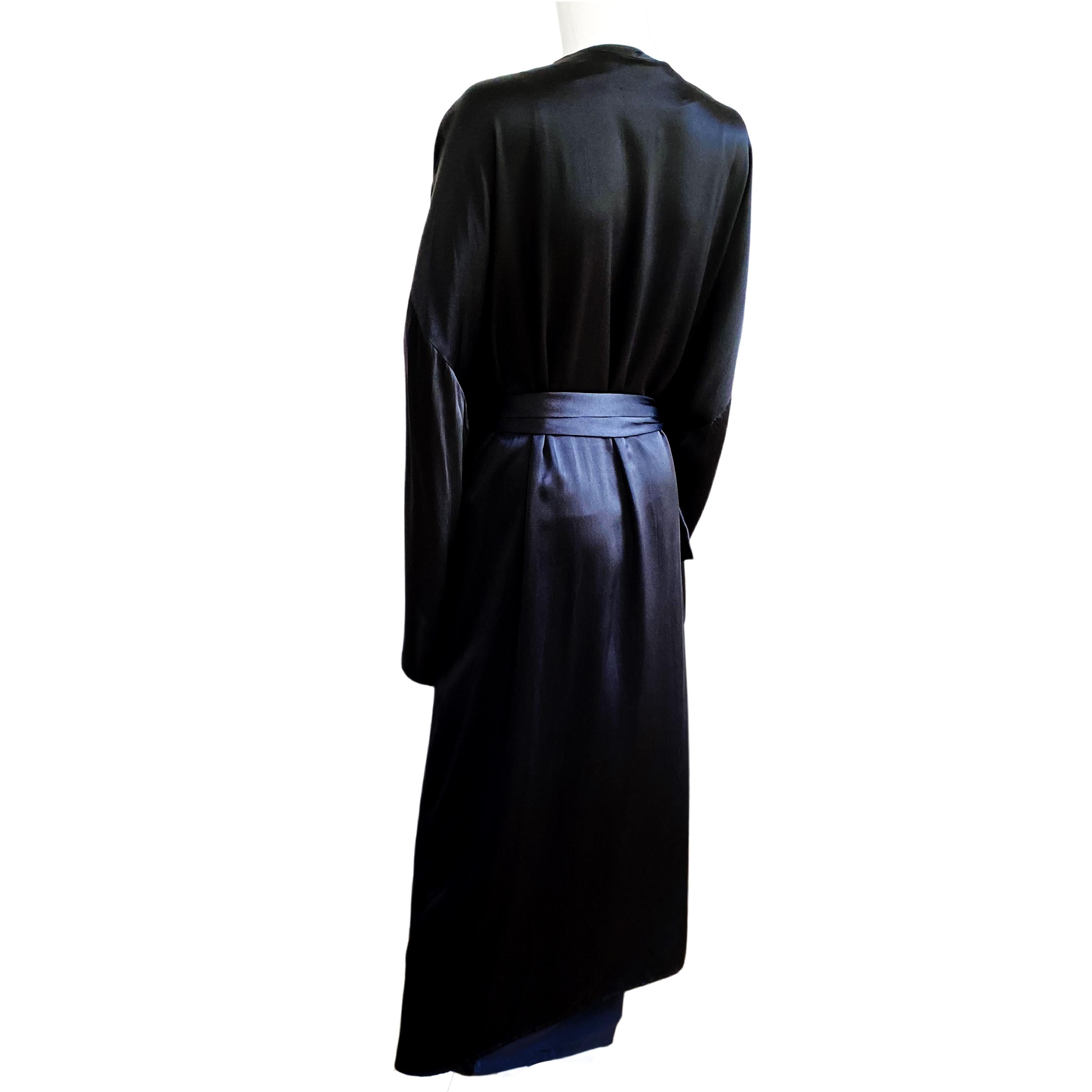 Black silk satin charmeuse Furisode-sleeve Kimono with sash by FLORA KUNG   For Sale 2
