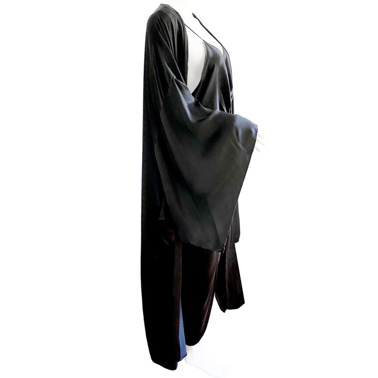 Black silk satin charmeuse Furisode-sleeve Kimono with sash by FLORA ...