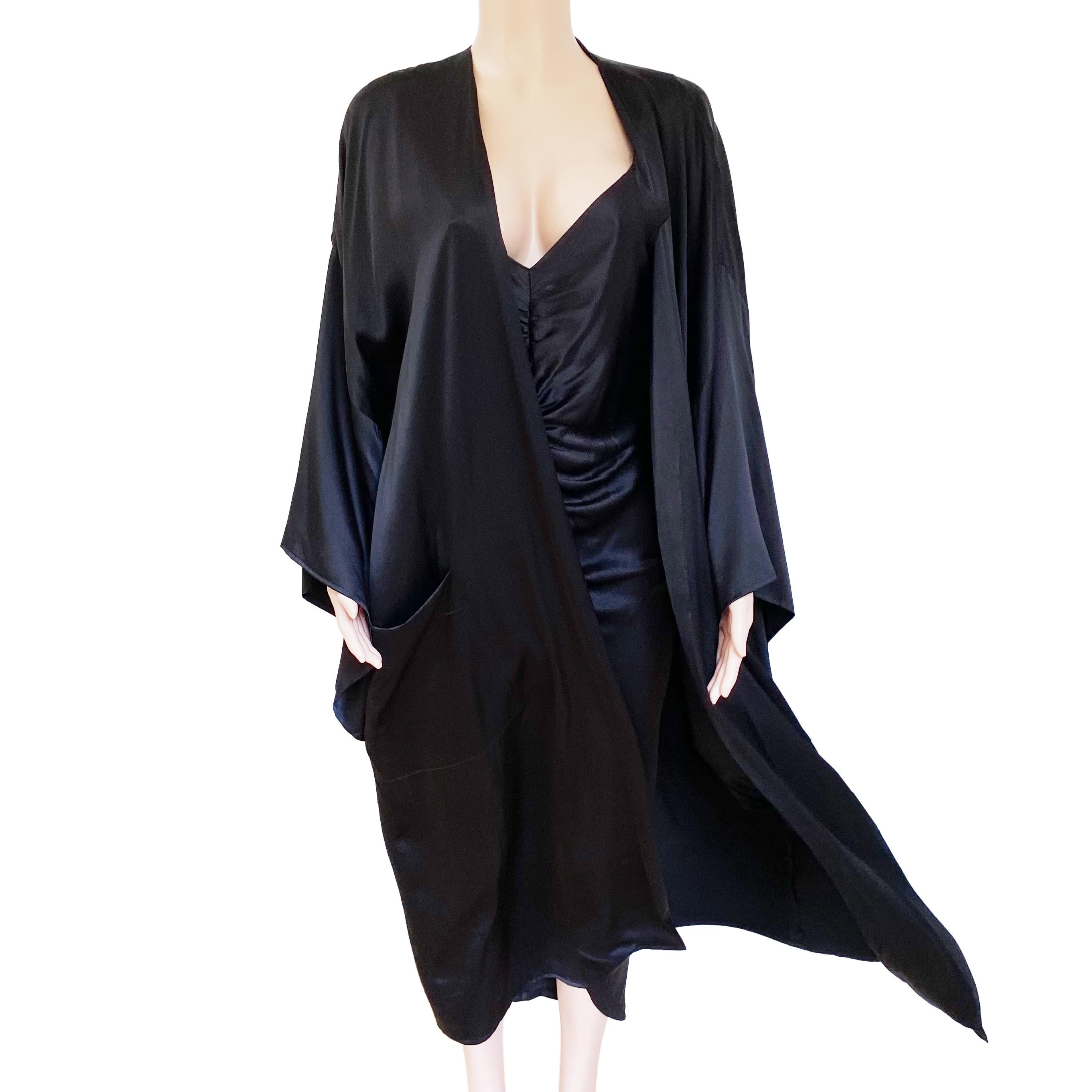 Black silk satin charmeuse Furisode-sleeve Kimono with sash by FLORA KUNG   For Sale 1