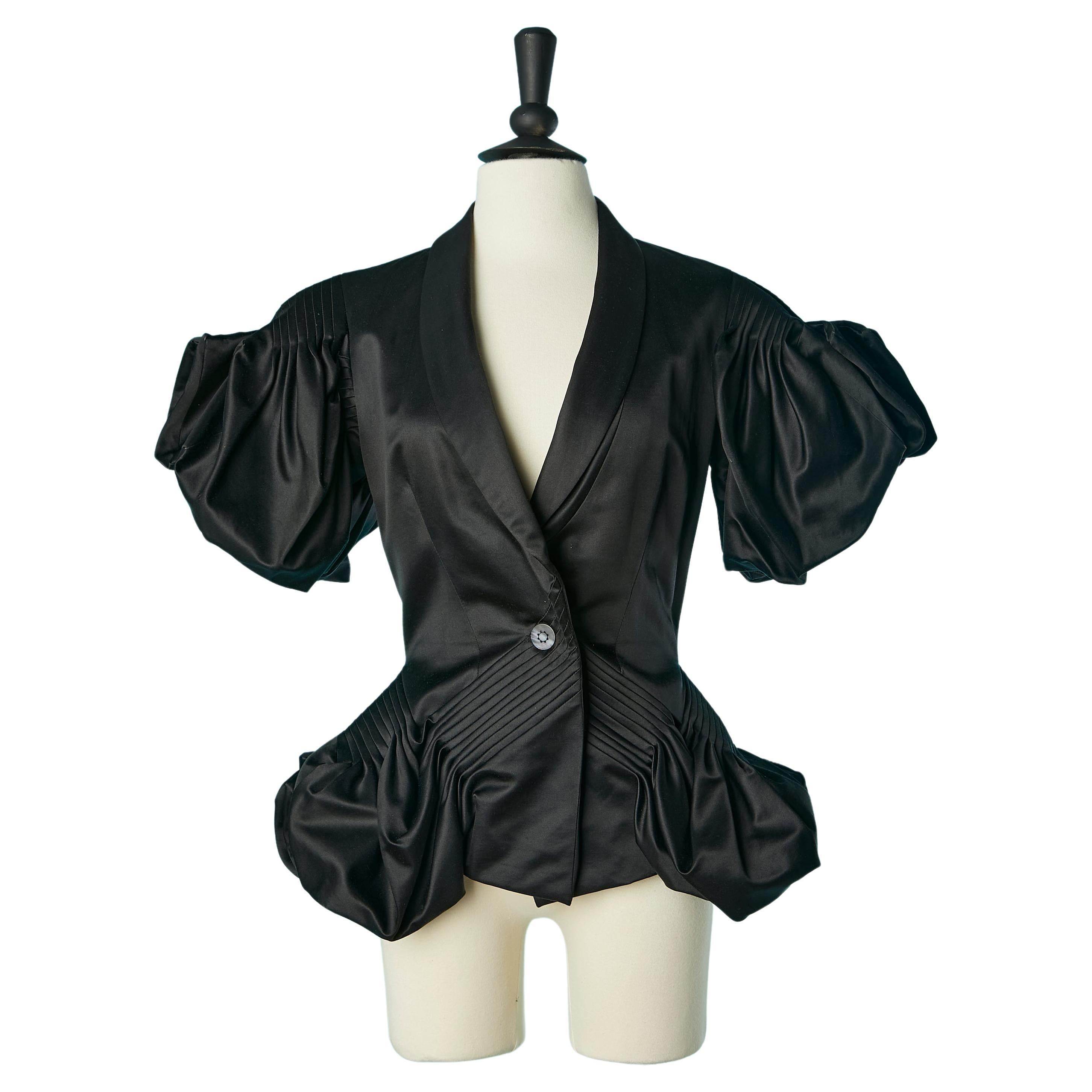 Black silk satin evening jacket with stitched pleats and draped John Galliano  For Sale