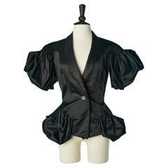 Black silk satin evening jacket with stitched pleats and draped John Galliano 