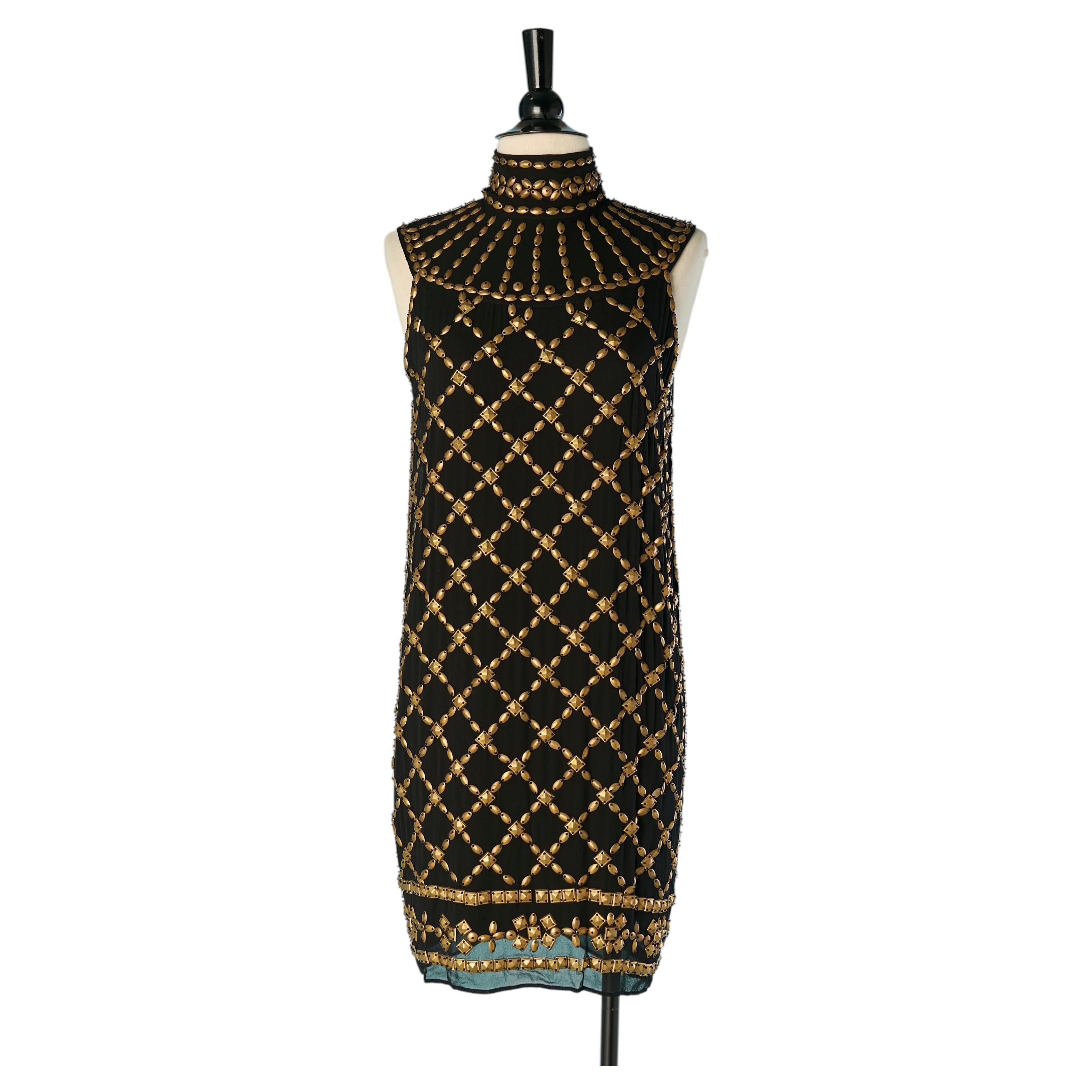 Vestido sin mangas de seda negra con pedrería metálica dorada de Cher MICHEL KLEIN