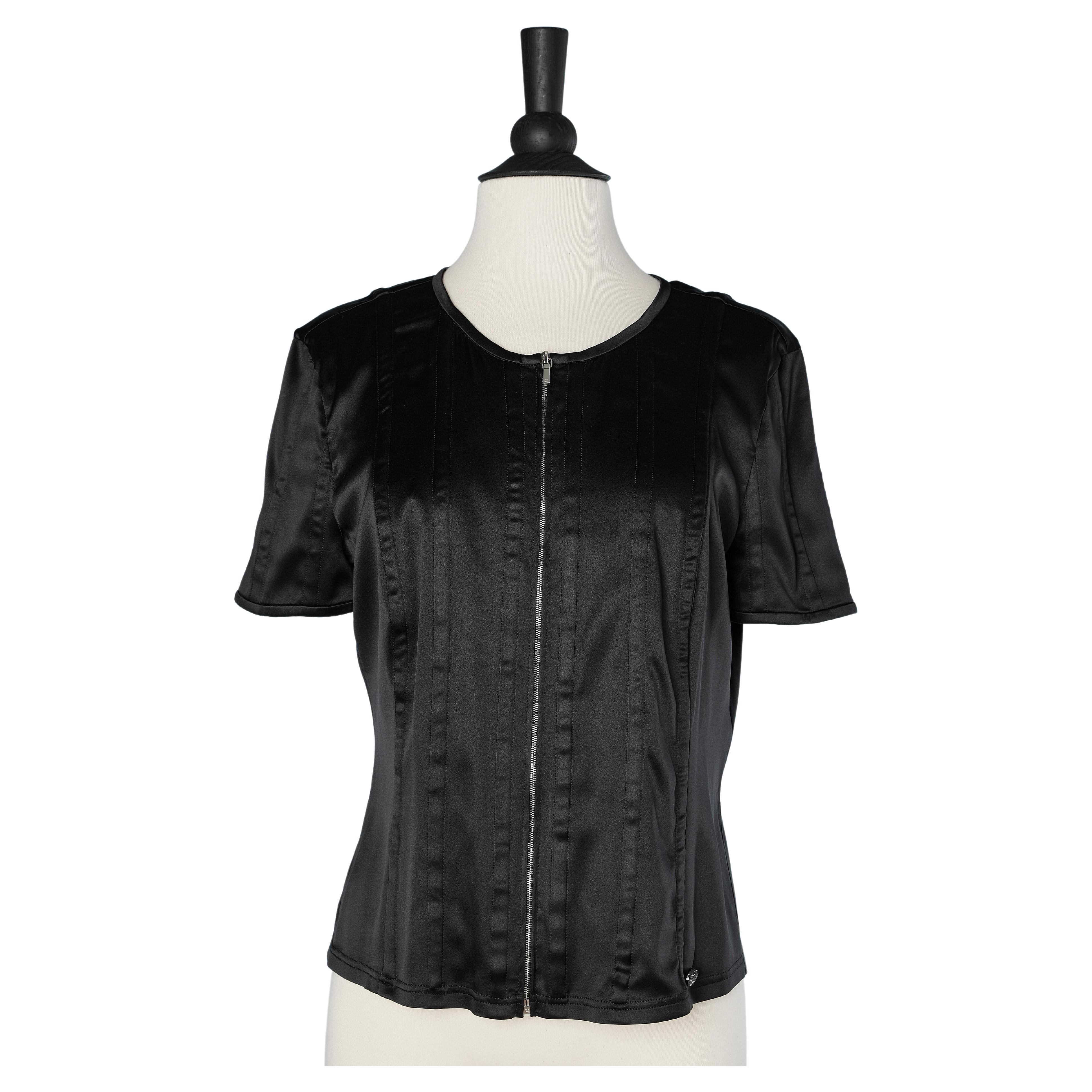 Black silk top with zip in the front and quilted top-stitched strips Chanel
