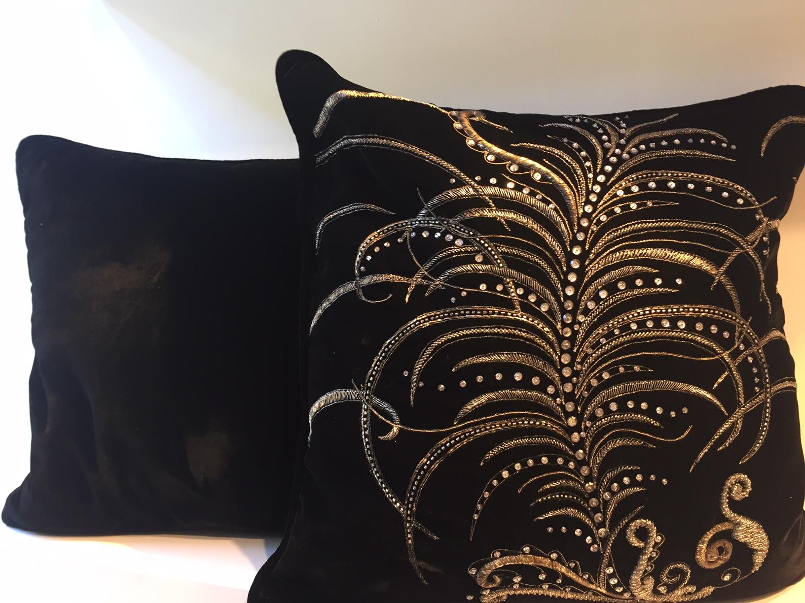 Embroidered Black Silk Velvet Cushions with Feather Design Hand Embroidery