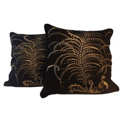 Black Silk Velvet Cushions with Feather Design Hand Embroidery