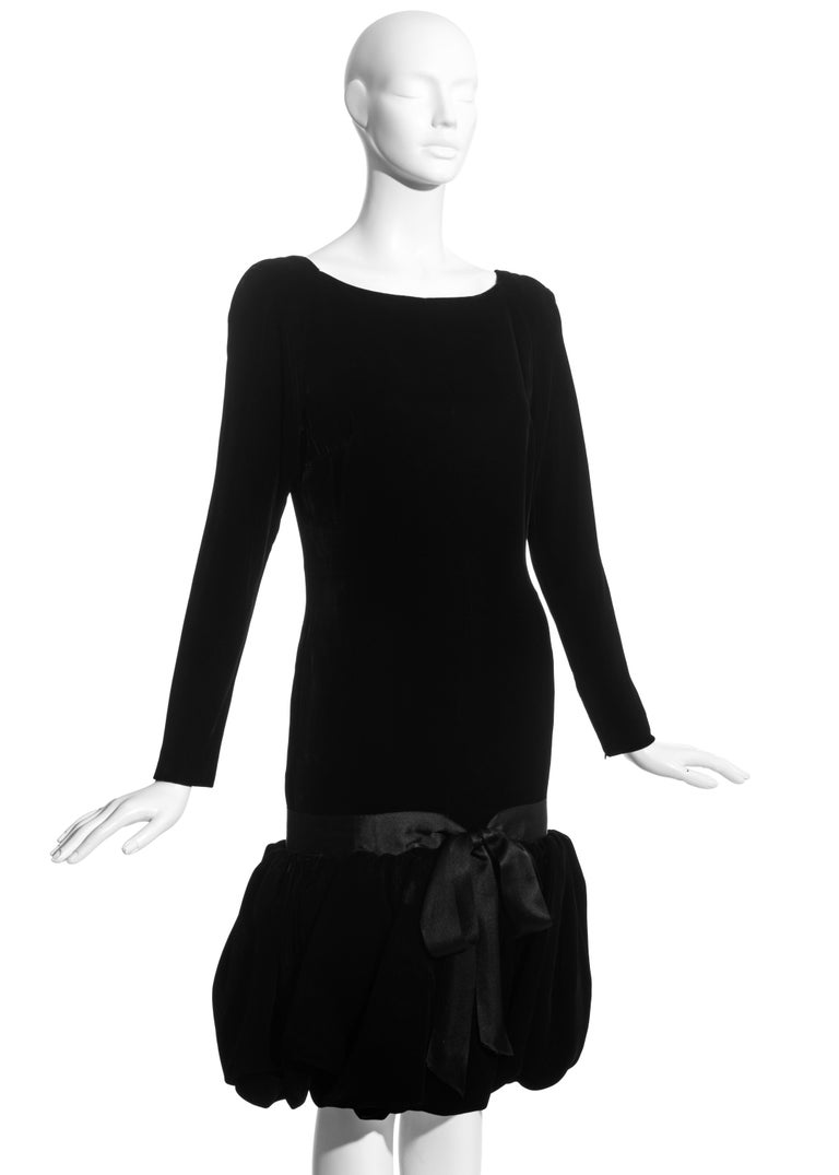 Black silk velvet drop waist cocktail dress with puffball skirt, c ...