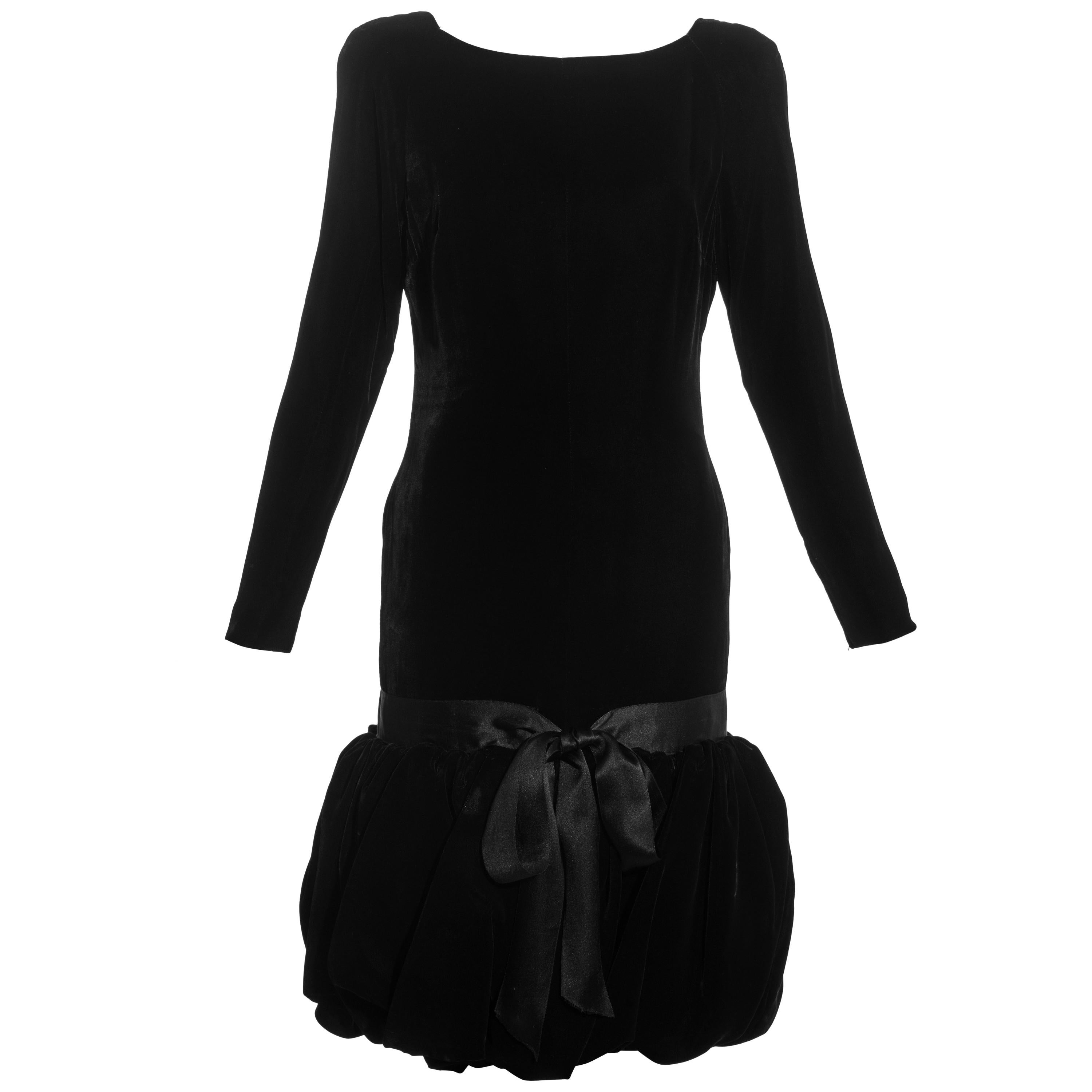 Black silk velvet drop waist cocktail dress with puffball skirt, c. 1960