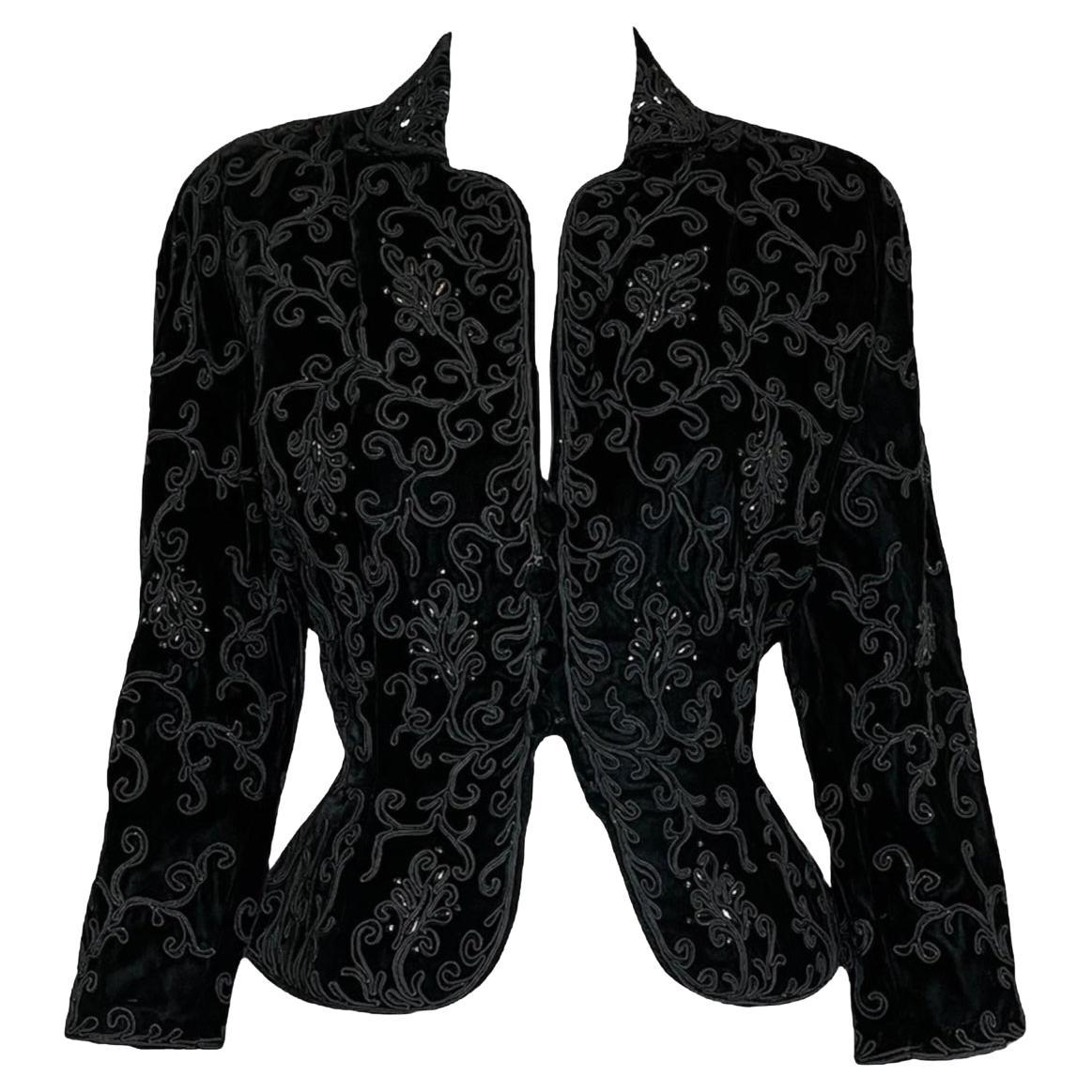 Schwarzer Blazer aus Seidensamt mit Soutache, 1940er Jahre im Angebot