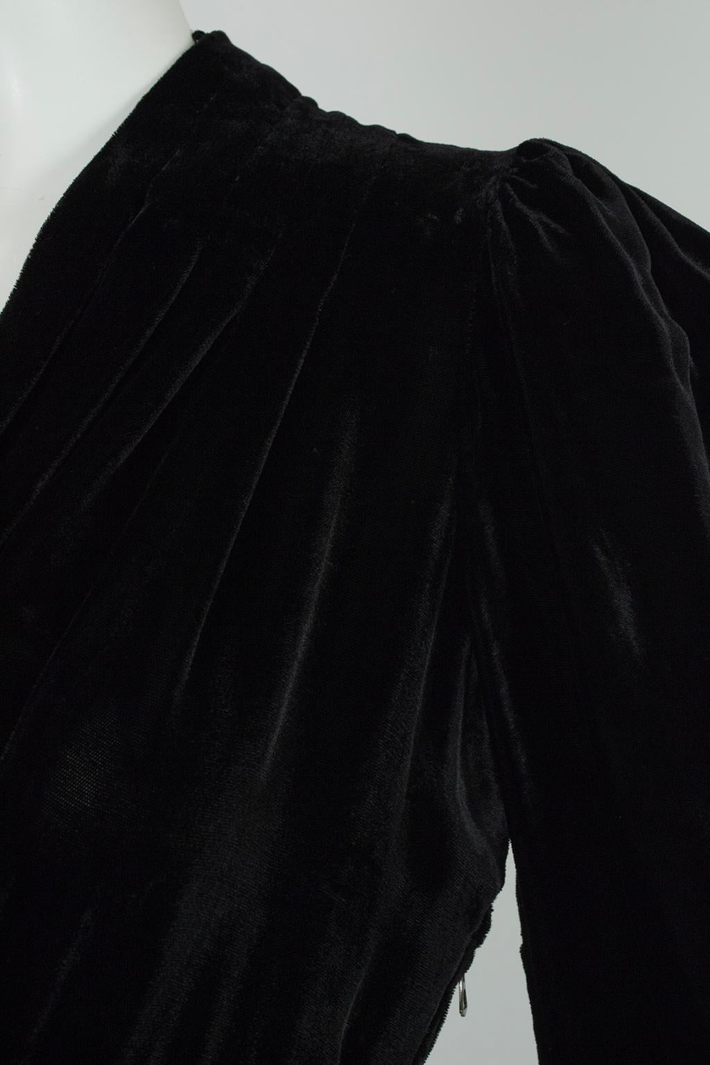 Black Silk Velvet Film Noir Double Indemnity Plunge Bias Midi Dress – S, 1940s 4