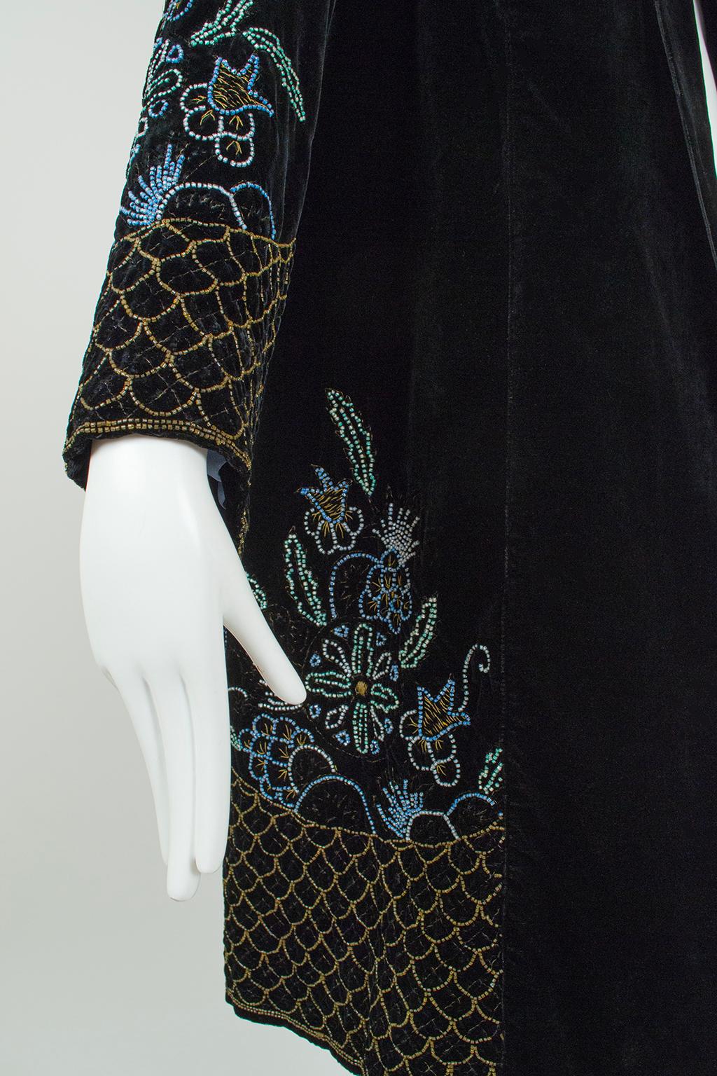 Black Silk Velvet Gold Bouillon Beaded Opera Coat w Blue Silk Lining-S-M, 1920s For Sale 9