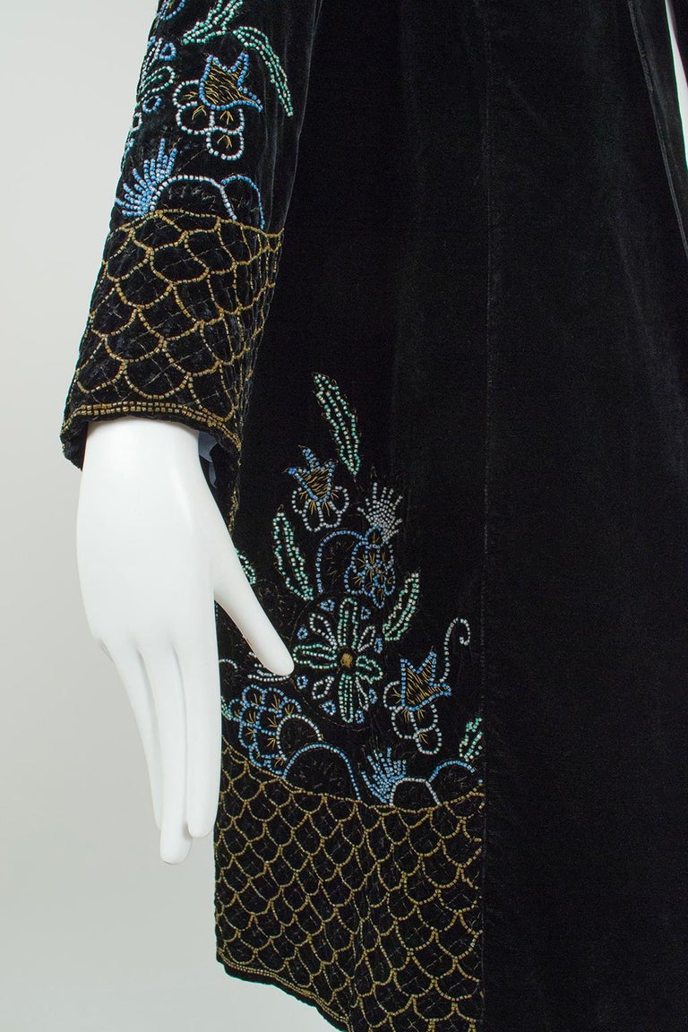 Black Silk Velvet Gold Bouillon Beaded Opera Coat w Blue Silk Lining-S ...