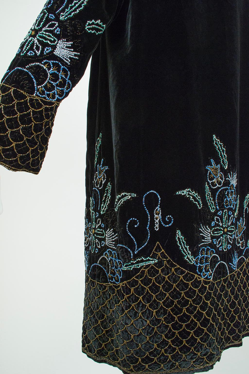 Black Silk Velvet Gold Bouillon Beaded Opera Coat w Blue Silk Lining-S-M, 1920s For Sale 11