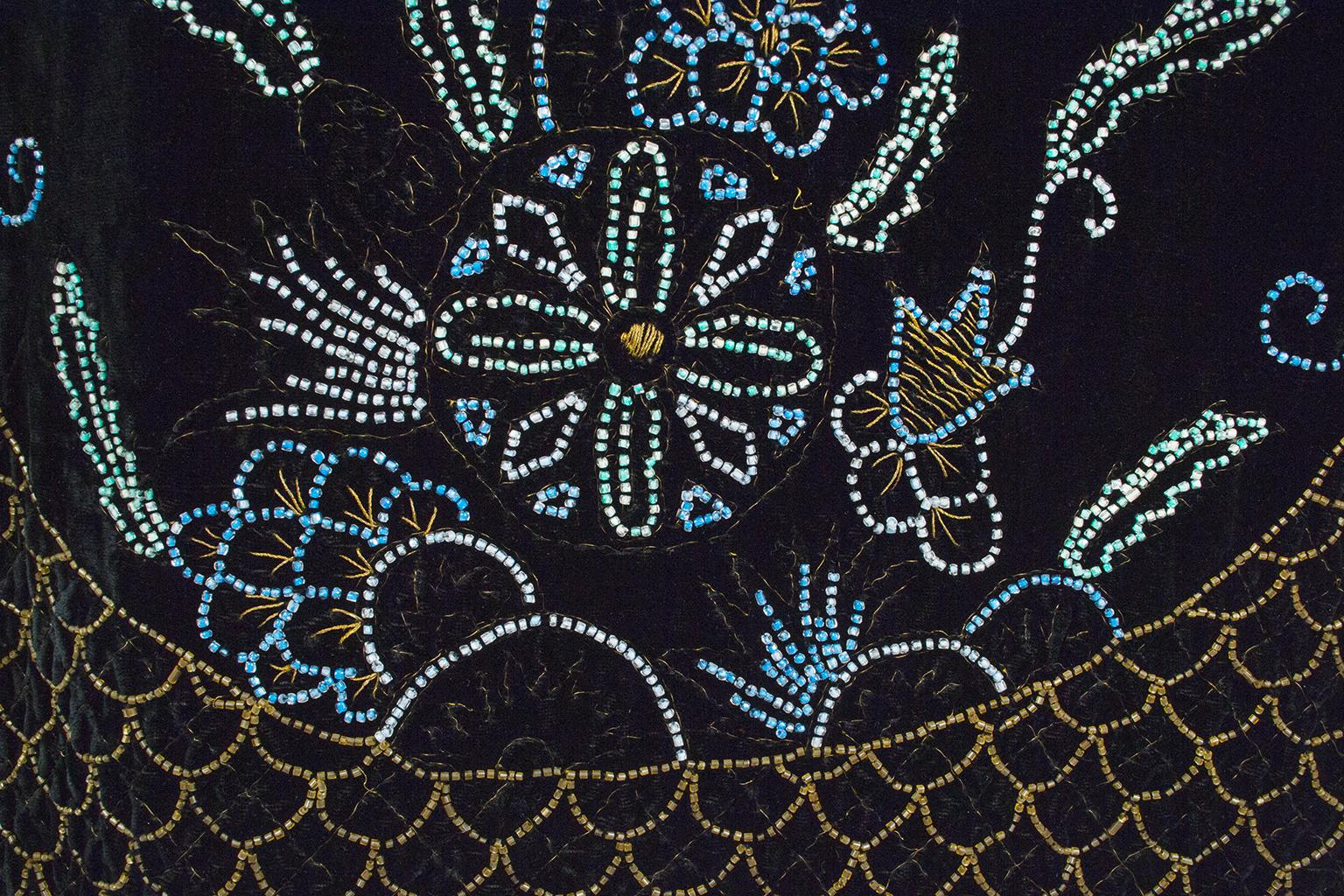 Black Silk Velvet Gold Bouillon Beaded Opera Coat w Blue Silk Lining-S-M, 1920s For Sale 13
