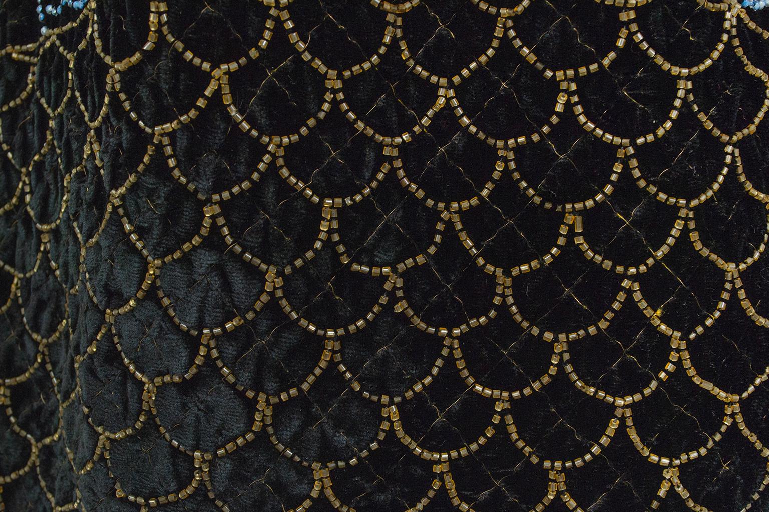 Black Silk Velvet Gold Bouillon Beaded Opera Coat w Blue Silk Lining-S-M, 1920s For Sale 14