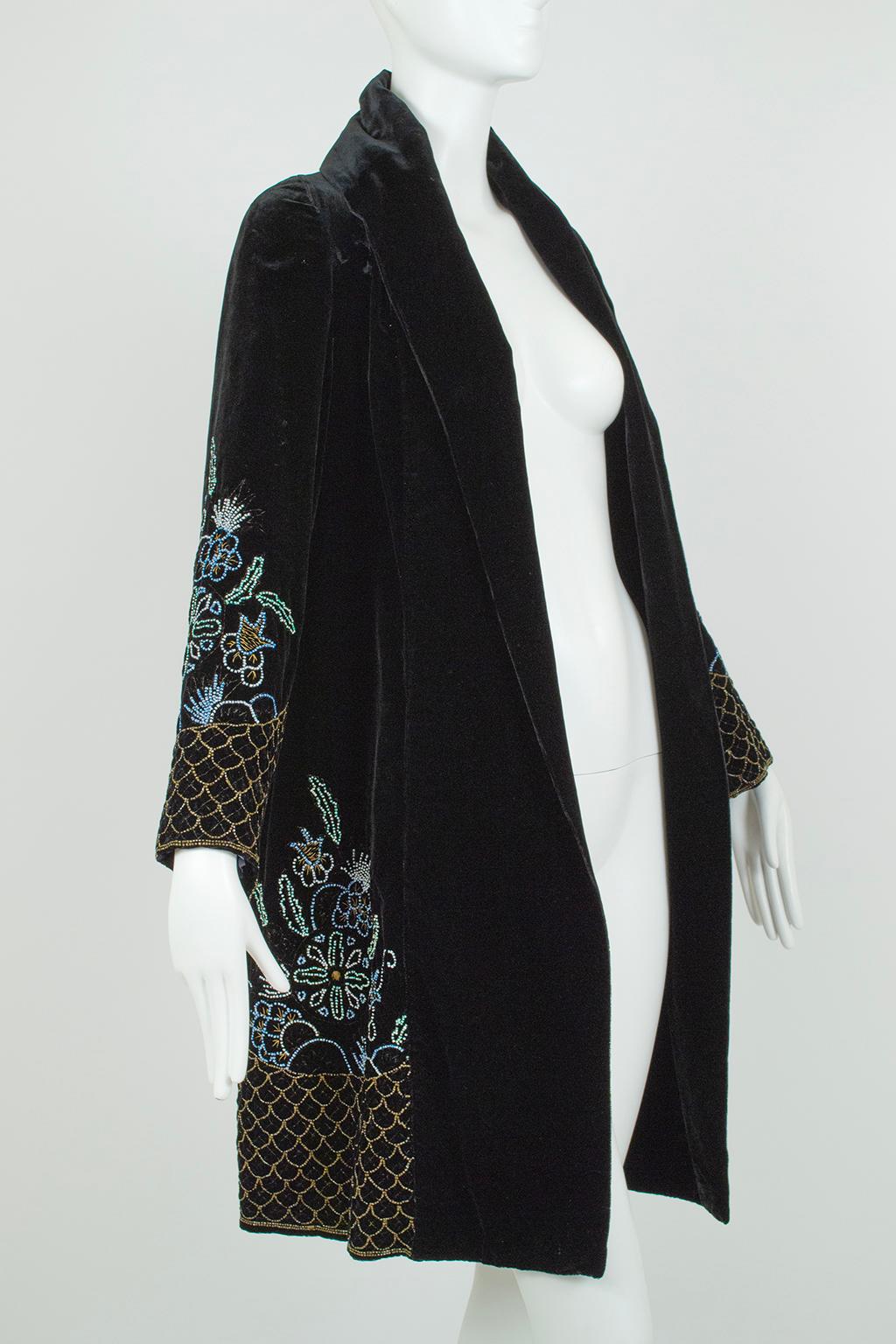 Women's Black Silk Velvet Gold Bouillon Beaded Opera Coat w Blue Silk Lining-S-M, 1920s For Sale