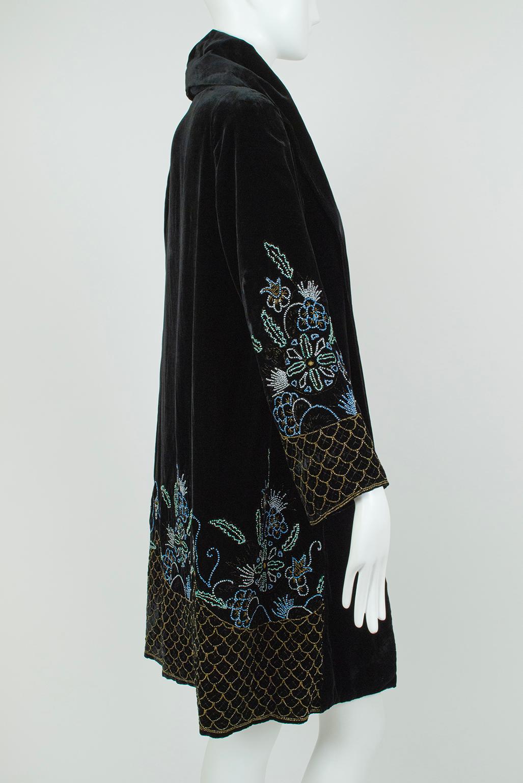Black Silk Velvet Gold Bouillon Beaded Opera Coat w Blue Silk Lining-S-M, 1920s For Sale 1