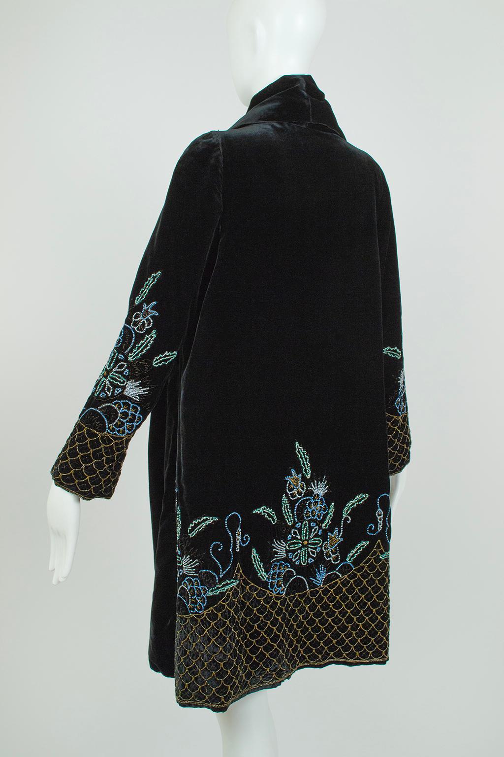 Black Silk Velvet Gold Bouillon Beaded Opera Coat w Blue Silk Lining-S-M, 1920s For Sale 3