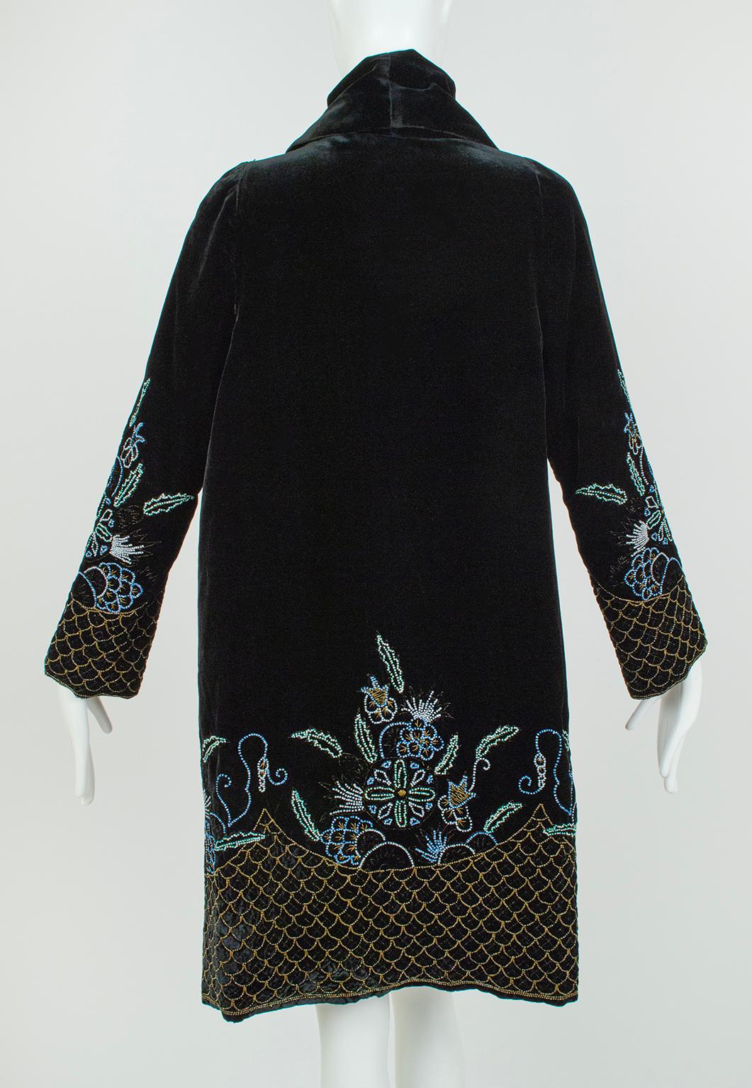 Black Silk Velvet Gold Bouillon Beaded Opera Coat w Blue Silk Lining-S-M, 1920s For Sale 4