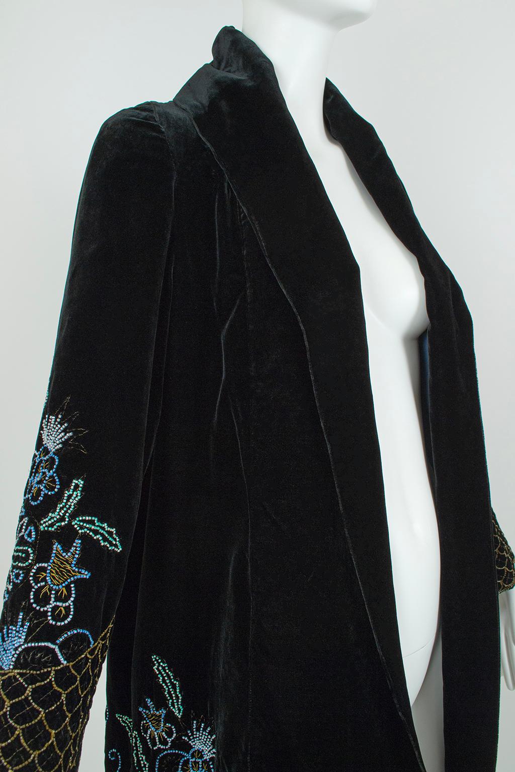 Black Silk Velvet Gold Bouillon Beaded Opera Coat w Blue Silk Lining-S-M, 1920s For Sale 5