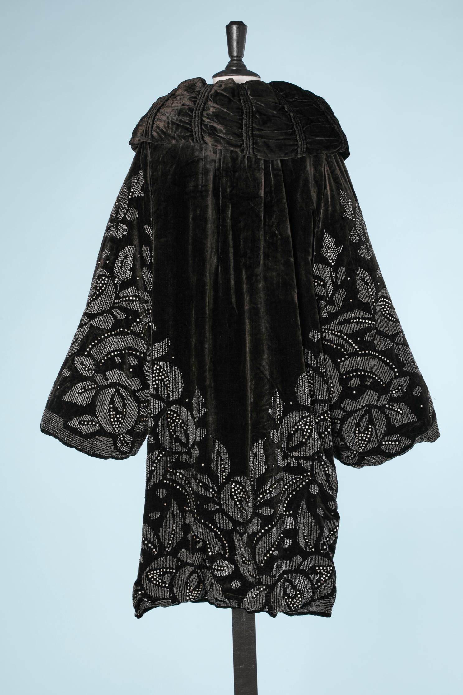 Women's Black silk velvet Opera coat with beads and rhinestone embroidered Circa 1920  For Sale