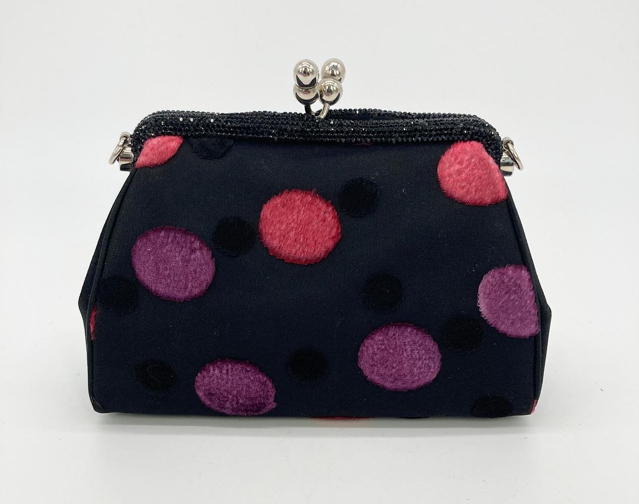 Judith Leiber Black Silk Velvet Polka Dot Crystal Top Clutch For Sale 3