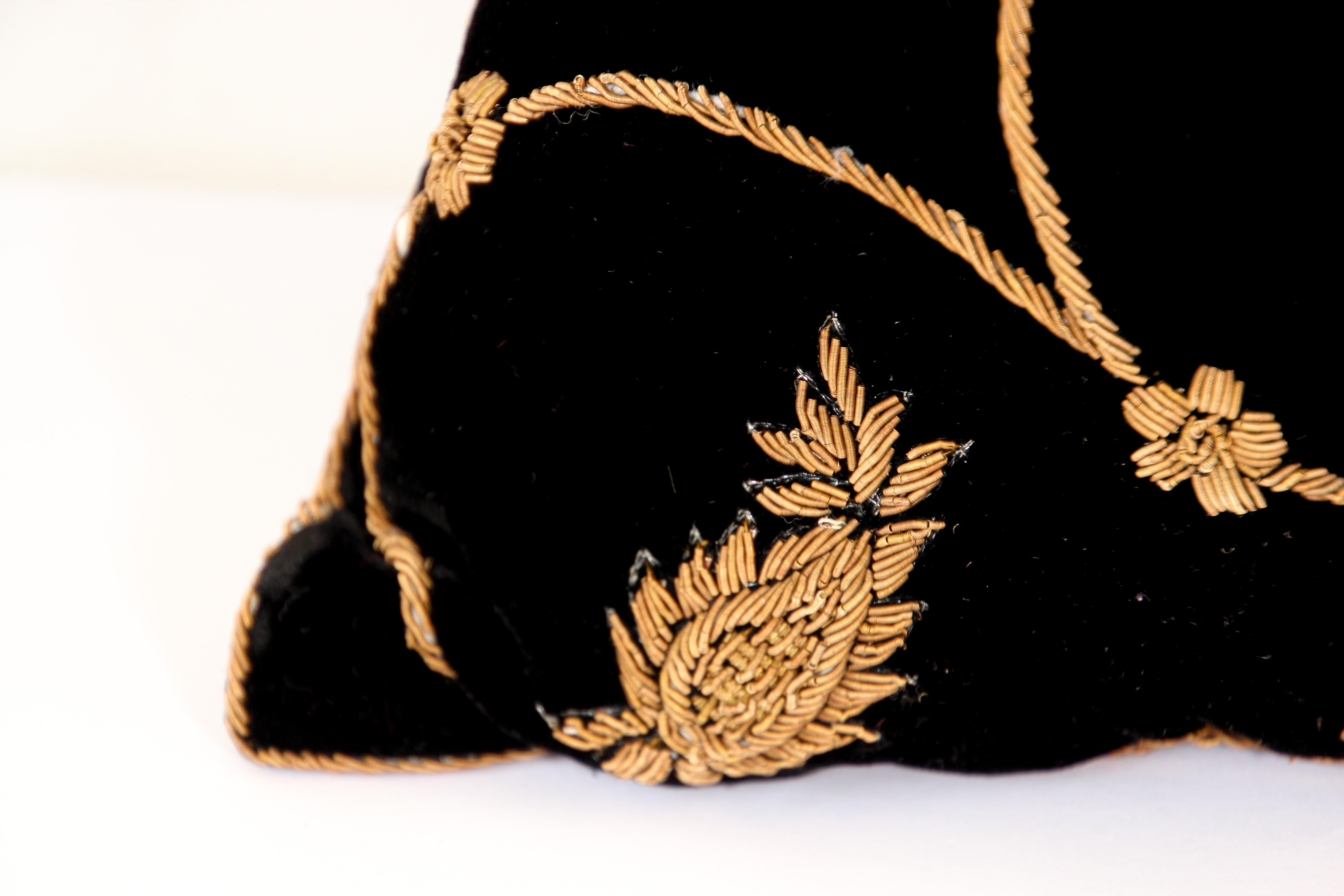 Black Silk Velvet Throw Pillow Embroidered with Gold Design 4