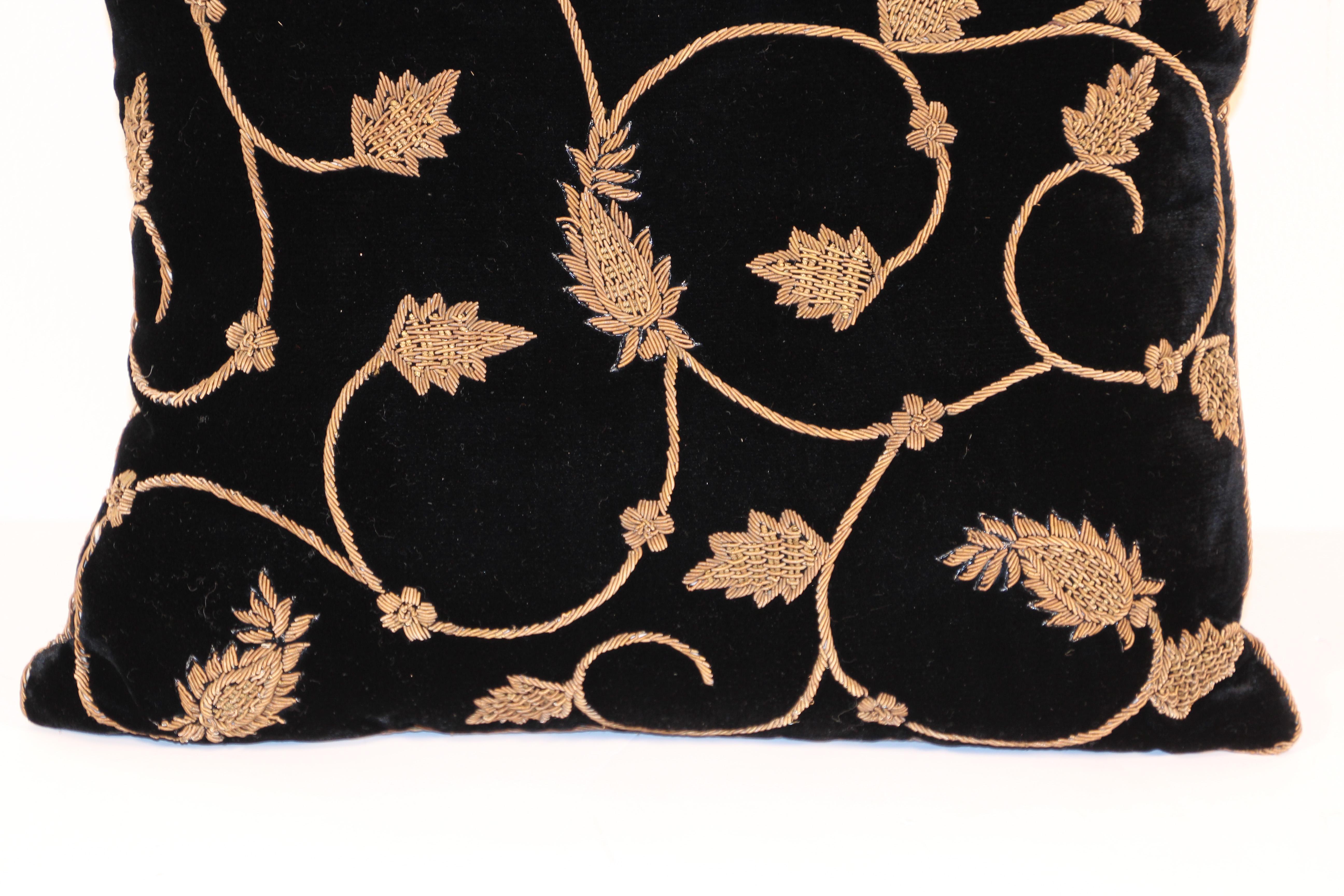 Indian Black Silk Velvet Throw Pillow Embroidered with Gold Design
